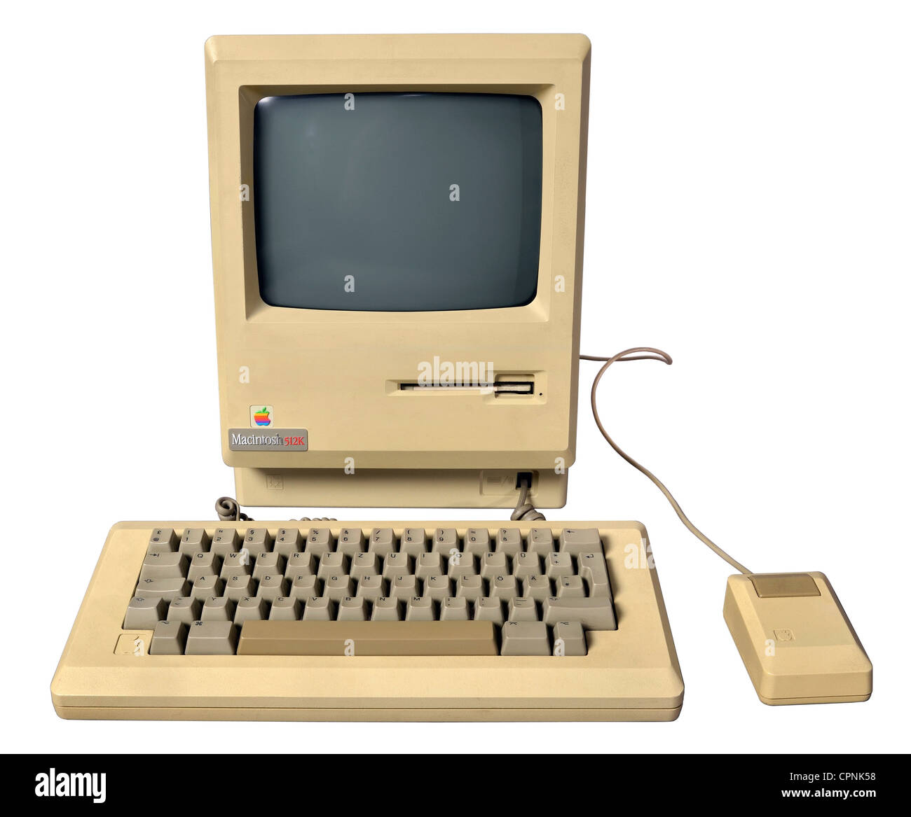 computing / electronics,computer,Apple Macintosh 512k,with integrated 9-Zoll-s/w-Monitor and 3.5-inch Flopyy Disc Drive,keyboard,mouse,computer mouse,Apple Mouse,512 KB RAM,processor: Motorola 68000,8 MHz,extra built-in hard disk drive HyperDrive,the at that time first internal hard disk drive for the first Apple Macintosh,original price 1984: 3.195 dollar,made by: Apple Computer Inc.,Cupertino,California,USA,1984,design classics,nickname,nicknames,nicknaming,Apple Mac,Mac cube,Made in USA,personal computer,history of computer,comput,Additional-Rights-Clearences-Not Available Stock Photo