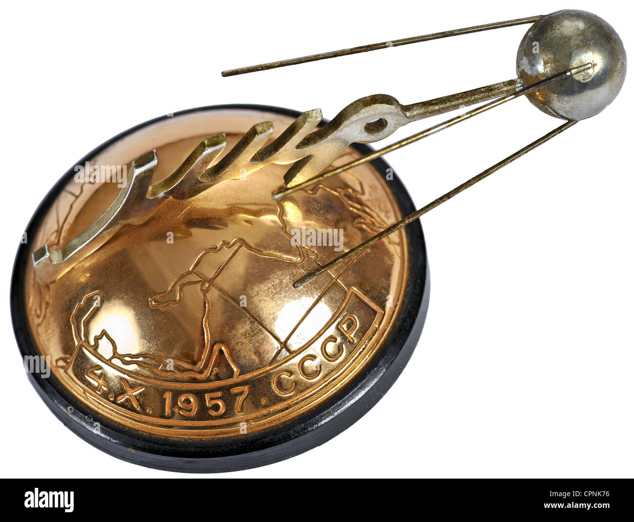 souvenir,Sputnik I starting in the space,historic event: first flight into all,started at Baikonur on 4.10.1957,small souvenir,satellite with aluminium cover and aerial,USSR,circa 1959,first,1st,Cyrillic,letter,letters,orbit,sputnik satellite,satellite,satellites,conquest of the space,start into age of the rockets,space travel,space travel period,race into all,sputnik,space travel history,space flight,outer space,universe,cosmos,pioneer act,progress,advance,engineering,technics,Soviet,starry sky,invention,inventions,clipping,Additional-Rights-Clearences-Not Available Stock Photo