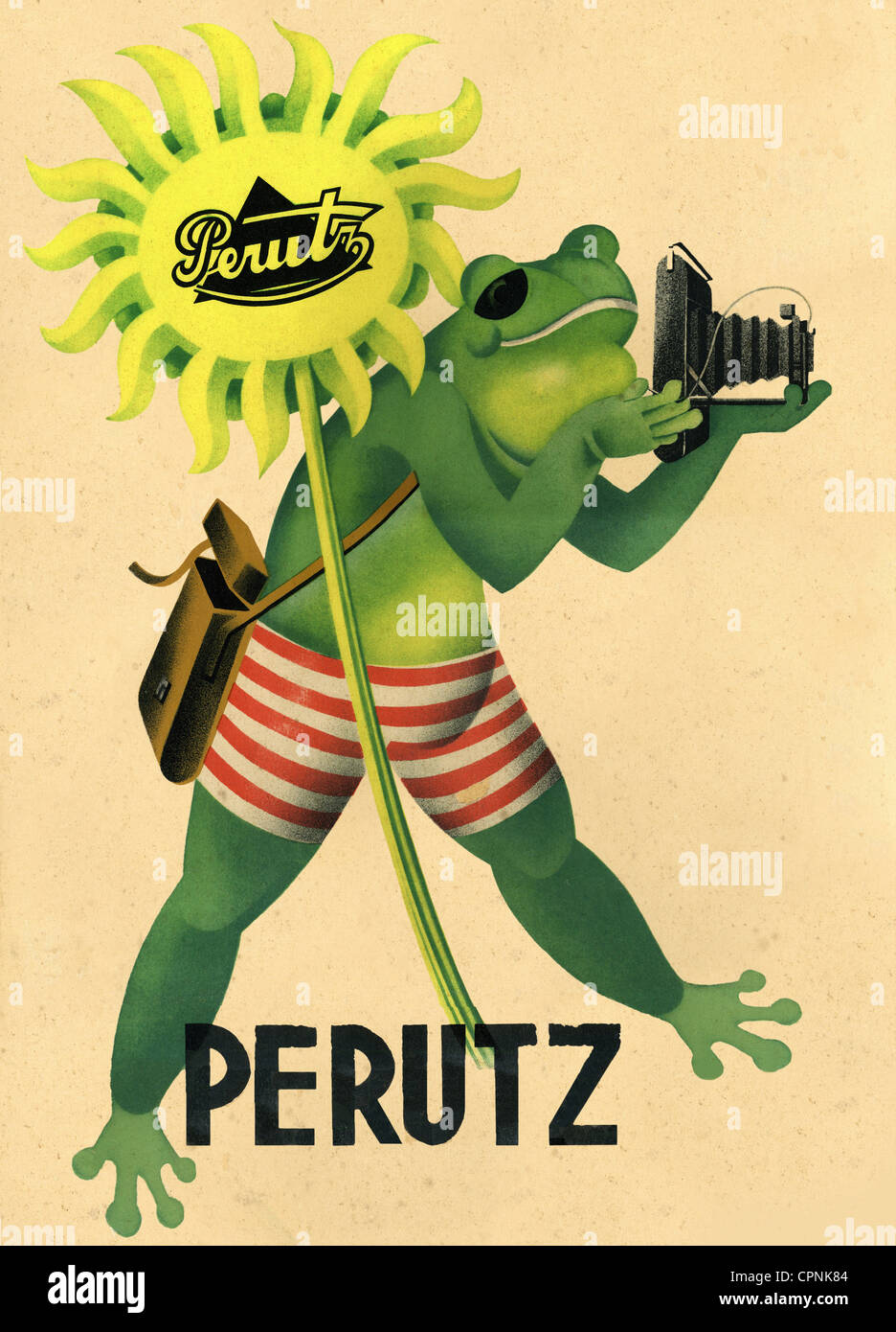 advertising,advertising sign for Perutz photographic film,frog is taking a photo,Perutz Photowerke GmbH,Munich,Perutz was taken over by Agfa in 1964,Germany,circa 1956,joking,funny,advertising characters,advertising character,rich in tradition brand,German photographic industry,photochemical industry,movie,photo camera,analogue,analog,analogue photograph,Perutz Photo Factory,humor,humour,joke,jokes,frolic,comical,comic,illustration,advertising sign,advertising paperboard,advertising,business company,economy,1950s,50s,trade na,Additional-Rights-Clearences-Not Available Stock Photo