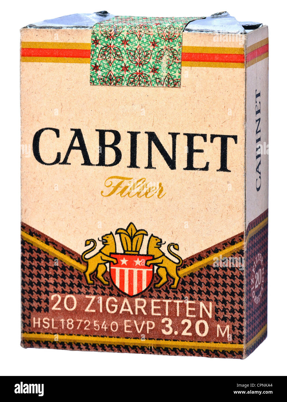 tobacco,cigarette packet,Cabinet Filter,East-Germany cigarette,Cabinet,made by: VEB Tabak Nordhausen und Vereinigte Zigarettenfabriken Dresden,the brand Cabinet was launched 1972,original price 3.20 Mark,East-Germany,circa 1985,full-flavoured,pack,boxed as new,original packing,original wrapping,original packings,original wrappings,unopen,suggested retail price,cigarette price,tobacco price,20 cigarette,with filter,filter tipped cigarette,filter-tip,filter tipped cigarettes,filter-tips,cigarette,tobacco,baccy,tabac,cigarette produc,Additional-Rights-Clearences-Not Available Stock Photo