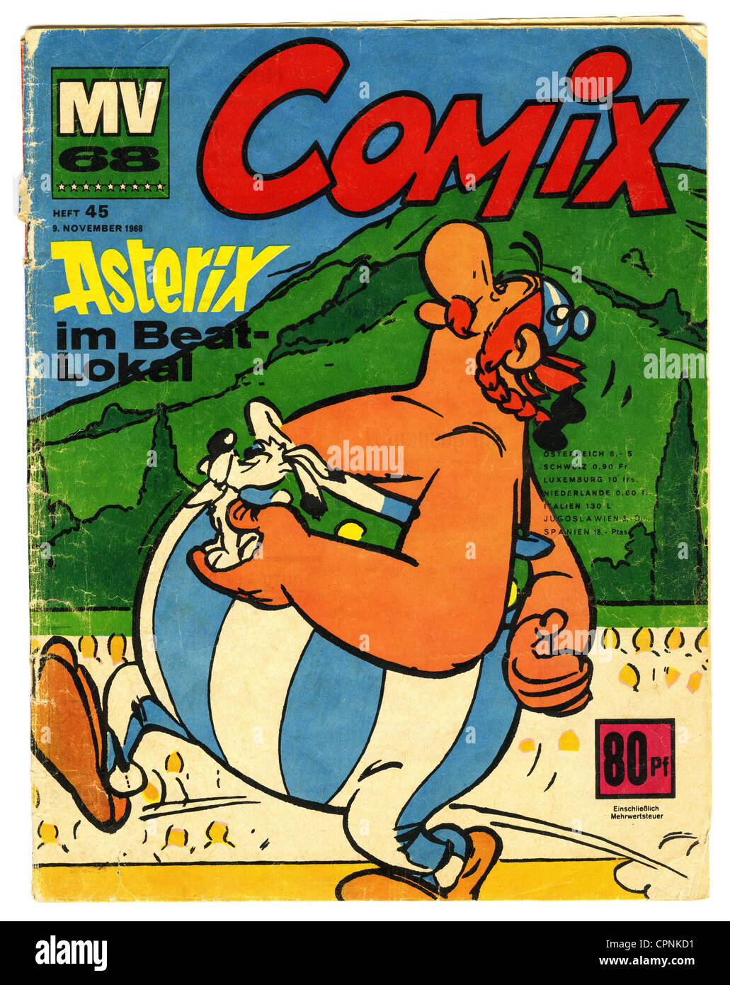 literature, comics, 'Asterix im Beat-Lokal' (Asterix at the Beat Club), one of the first German Asterix publications, cover picture, Obelix and Idefix, comic book, MV 68 Comix, published by the Ehapa publishing house, Stuttgart, Germany, 1968, Additional-Rights-Clearences-Not Available Stock Photo