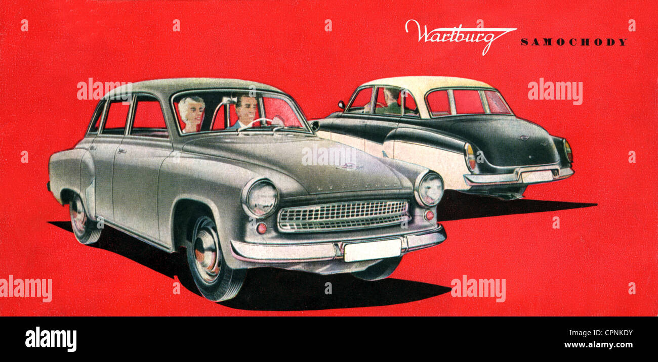 transport / transportation,car,vehicle variants,Wartburg,Samochod,limousine,prospectus for the export to Poland,cylinder capacity: 900 cubic centimetre,40 horsepower,44-Liter-Tank in the rear,maximum speed: 115 kph,four-door,engine: three-cylinder two-stroke engine,front wheel drive,fuel consumption: 7,8 bis 9,5 l/100 km,four speed,column gear change,car body with sheet steel,length: 4.31 m,VEB Automobilwerk Eisenach,East-Germany,1960,cars,vintage,prospectus,catalogue,60s,1960s,standard version,middle class car,mid-range car,Eas,Additional-Rights-Clearences-Not Available Stock Photo