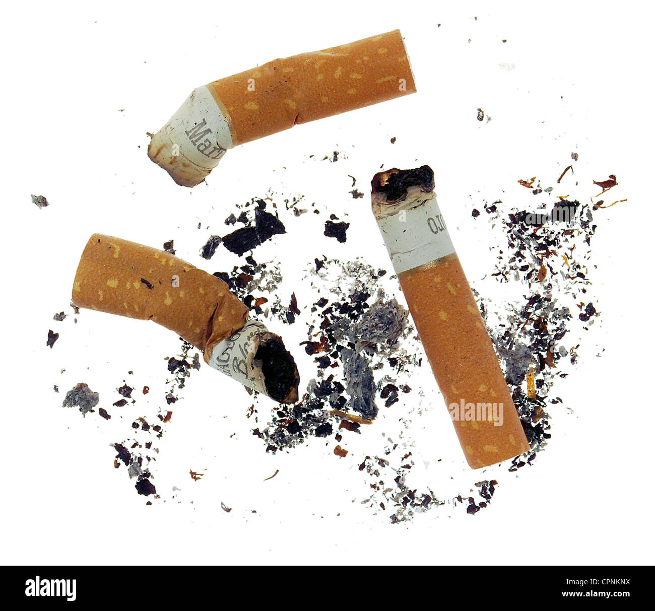 tobacco, three stub, cigarette ash, Marlboro, Gauloise, Germany, Additional-Rights-Clearance-Info-Not-Available Stock Photo