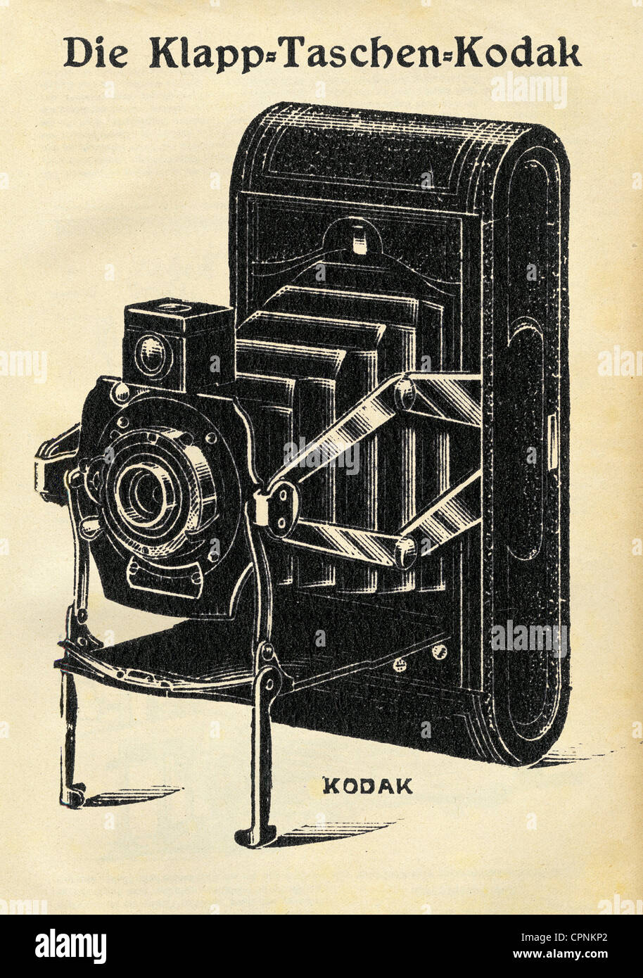 photography, cameras, Kodak camera, foldable pocket Kodak, picture size: 6 x 9 centimeter, cost at that time in Germany: 43 mark, camera producer: Eastmann Kodak Co., Rochester, N.Y., USA, 1914, Additional-Rights-Clearences-Not Available Stock Photo