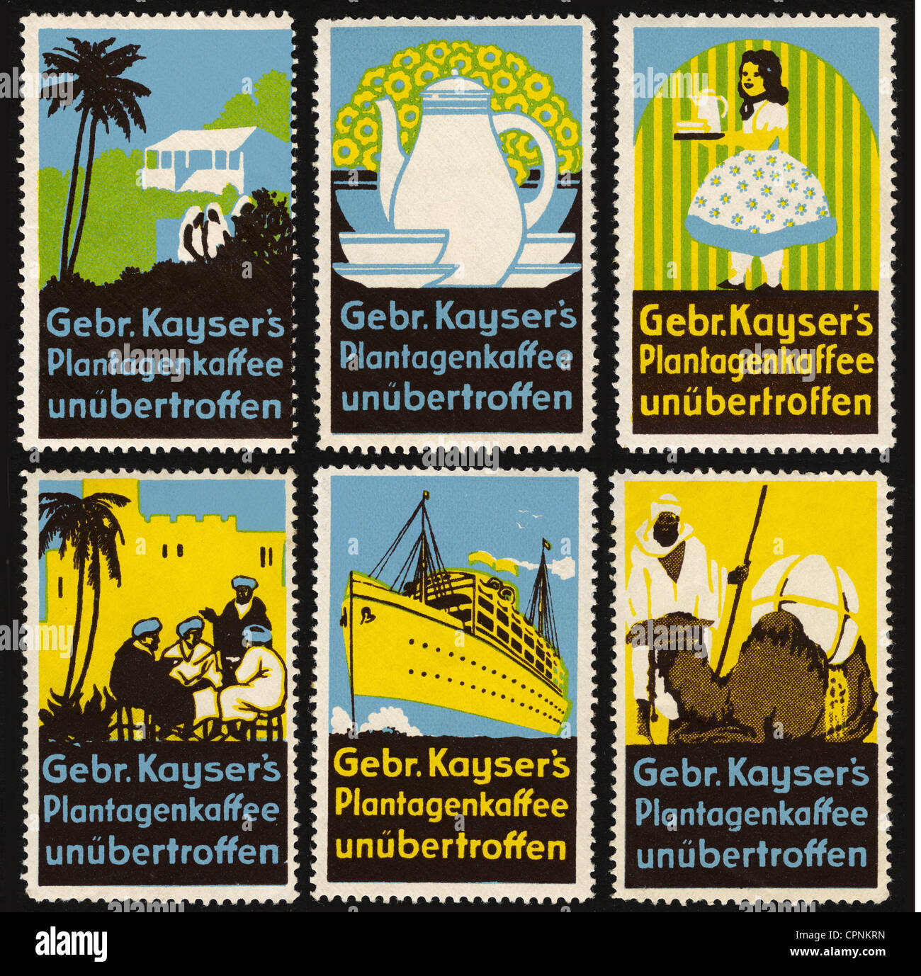 advertising, coffee, 'Gebr. Kayser's Plantagenkaffee', poster stamps illustrating the way of coffee from cultivation to the consumption, lithograph, Germany, circa 1912, Additional-Rights-Clearences-Not Available Stock Photo