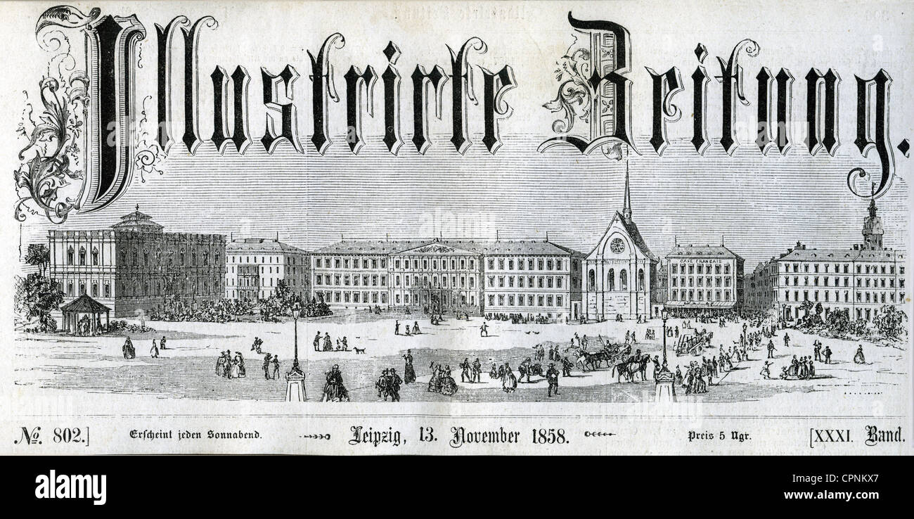 press / media, 'Illustrirte Zeitung', Leipzig, publicated on Saturdays, first illustrated newspaper in Germany, in the flag is shown a Leipzig city view, Augustusplatz with Universitaetskirche, Pauline Fathers church, Augusteum, university, publisher J. J. Weber, woodcut, Germany, 1858, Additional-Rights-Clearences-Not Available Stock Photo