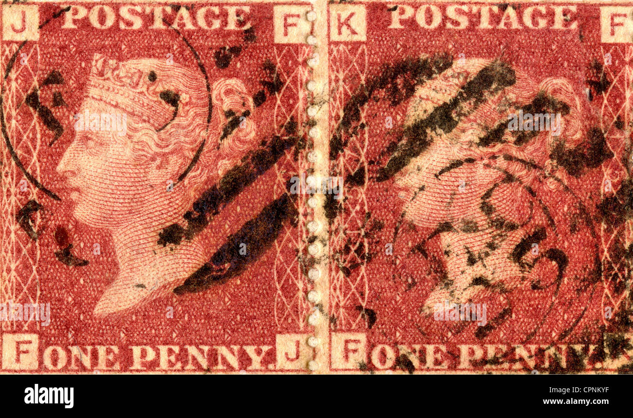 mail, postage stamp, stamped, postage stamp, stamps, One Penny stamp, Queen Victoria (1819-1901), British Queen (1837-1901), Great Britain, 1875, Additional-Rights-Clearences-Not Available Stock Photo