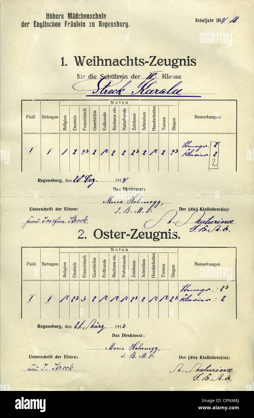 pedagogy,school,school report,Christmas school report,Easter school report,for pupil Karola Streck,born 1903,IV class,girls' school of the English ladies of Ratisbon,Germany,1917,1918,semi annual report,half-year attestation,Christmas school report,Easter school report,school report,report card,school certificate,good,very best,score,grade,grades,school subject,school subjects,mark,marking,school,schools,education,certificates,certification,certificate,certifications,grading,score forgive,grading with marks,historic,histor,Additional-Rights-Clearences-Not Available Stock Photo