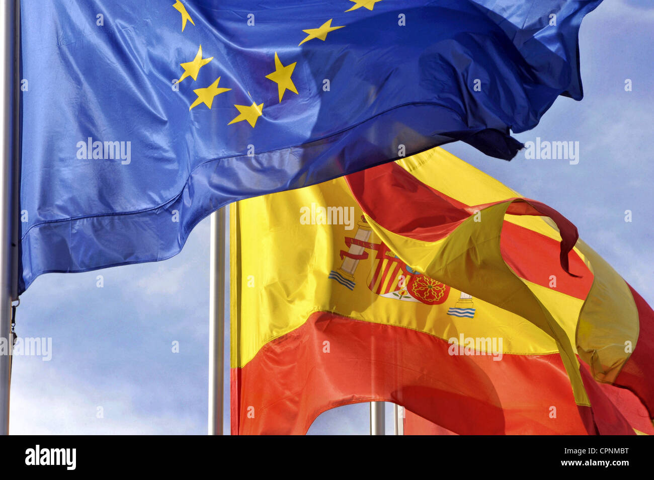 heraldry, flag, Spain, European and Spanish flag, waving in the wind, Additional-Rights-Clearance-Info-Not-Available Stock Photo