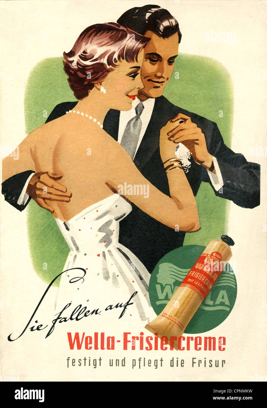 cosmetics, hair care, Wella fixature, man and woman dancing, advertising for Wella fixature, brand Wella, made by: VEB Wella-Werke, Rothenkirchen in the Vogtland, East-Germany, 1956, Additional-Rights-Clearences-Not Available Stock Photo