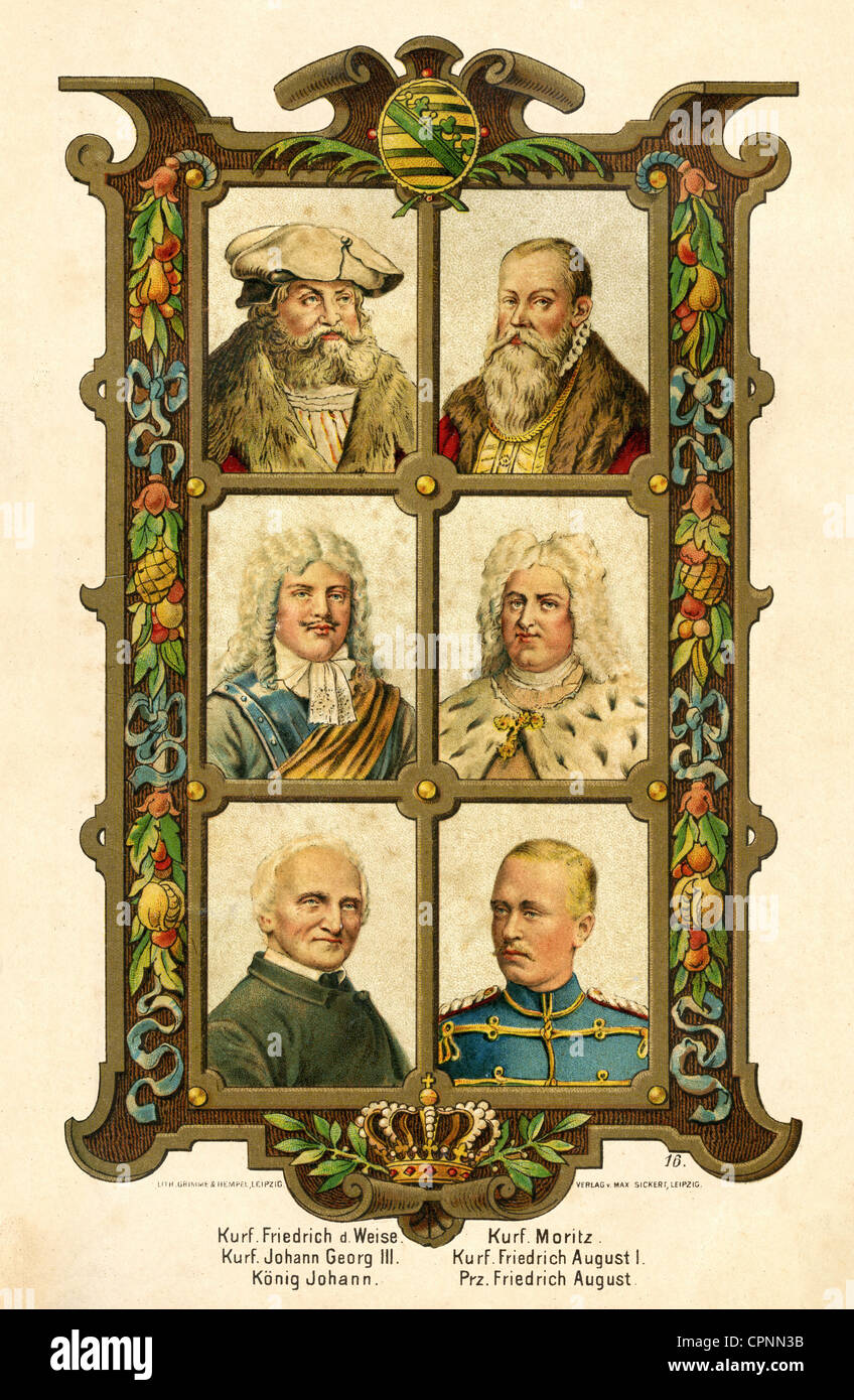 Frederick III 'the Wise', 17.1.1486 - 5.5.1525, portrait, with Prince Elector Maurice, 1521-1553, Prince Elector Johann Georg III, 1647-1691, Prince Elector Frederick August I, Augustus the Strong, 1670-1733, King John, 1801-1873, Prince Frederick August, later King Frederick August III, 1865-1932, portraits of famous Saxon prince electors and kings, House of Wettin, lithograph, Germany, 1889, Stock Photo