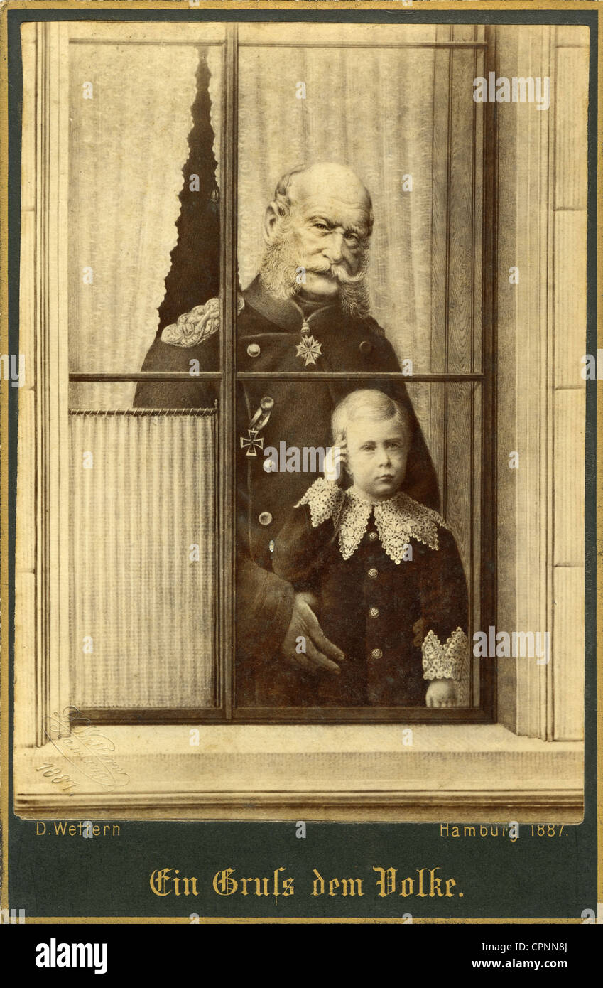 Wilhelm I, 22.3.1797 - 9.3.1888, German emperor 18.1.1871 - 9.3.1888, King of Prussia 1861 - 1888, half length, with his great-grandchild Crown Prince Frederick Wilhelm, waving from the window, a greeting to the nation, Hamburg, Germany, 1887, Stock Photo
