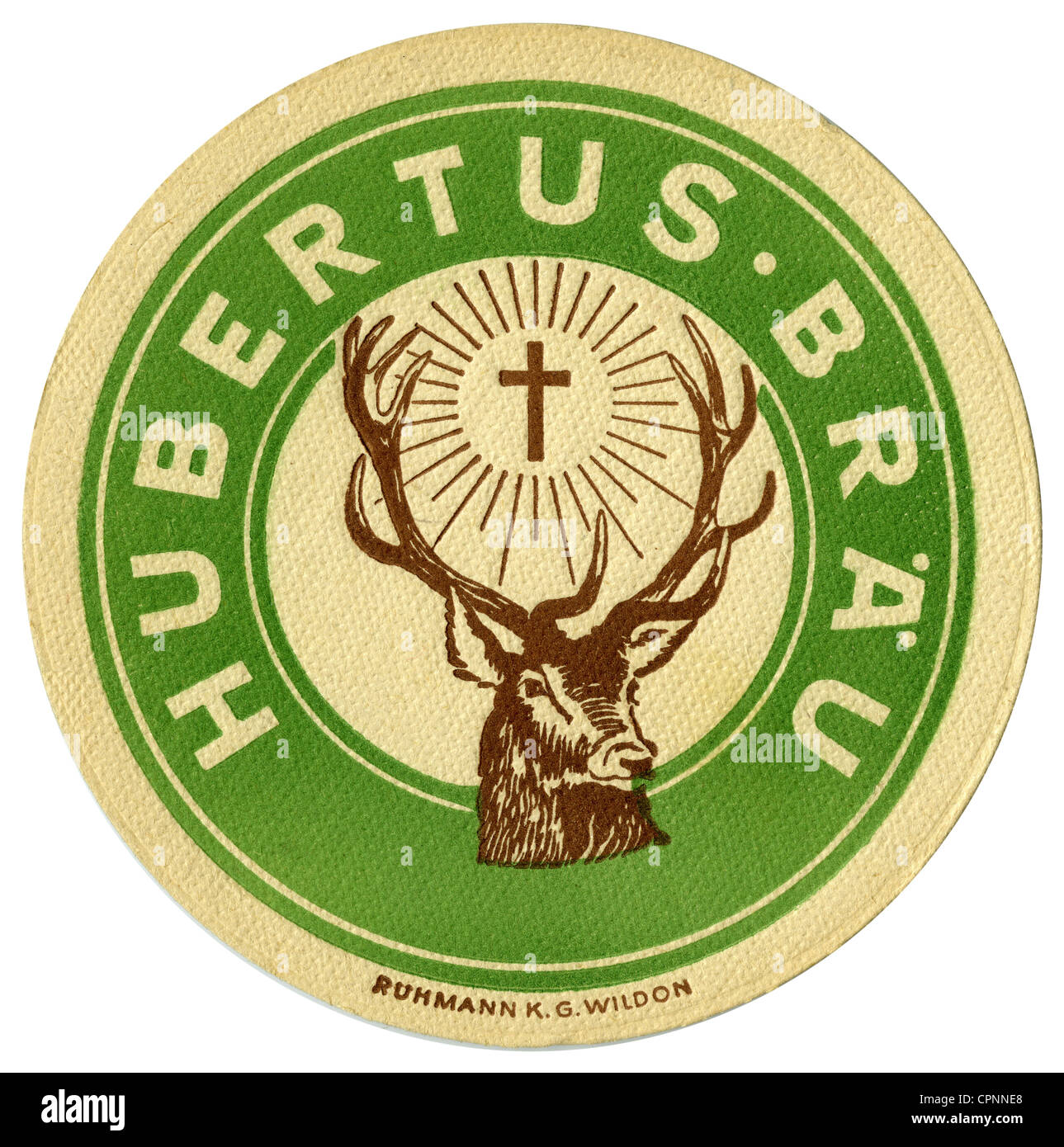alcohol, beer, beer mat, Hubertus Braeu, private brewery from Laa, deer with crucifix, Austria, circa 1960, Additional-Rights-Clearences-Not Available Stock Photo