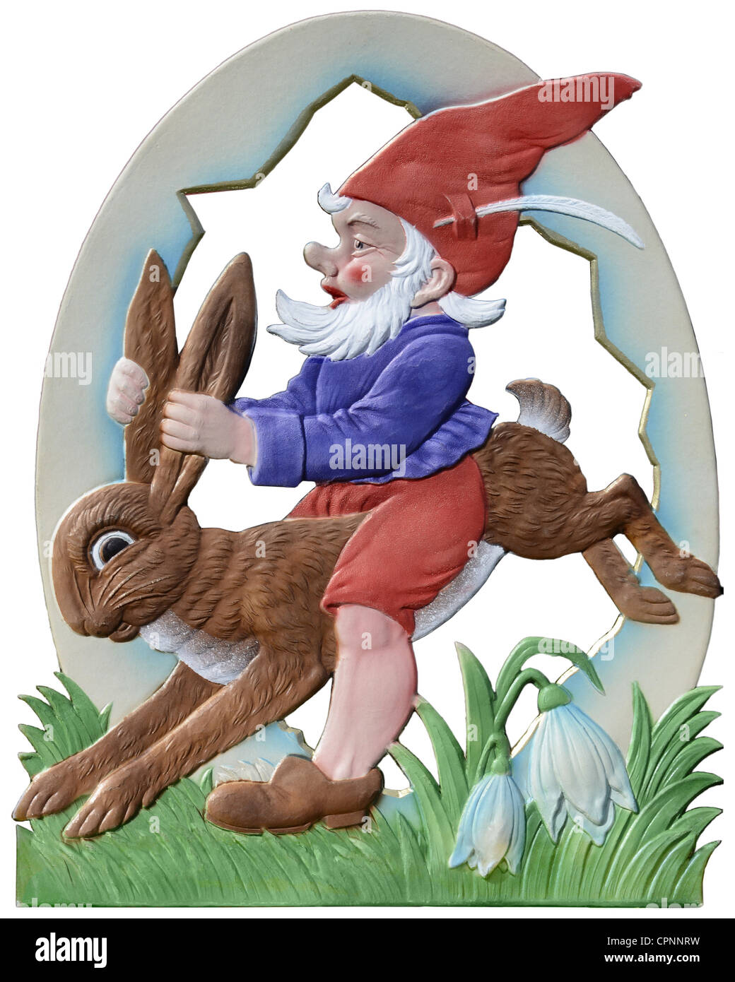 festivities, Easter, gnome is riding on Easter Bunny, window dressing, papier-mache, Germany, circa 1955, Additional-Rights-Clearences-Not Available Stock Photo