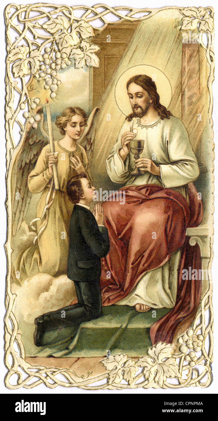 religion, Christianity, communion, souvenir of the first Holy communion, Jesus  Christ, with calyx and sacramental bread, Germany, 1909,  Additional-Rights-Clearences-Not Available Stock Photo - Alamy