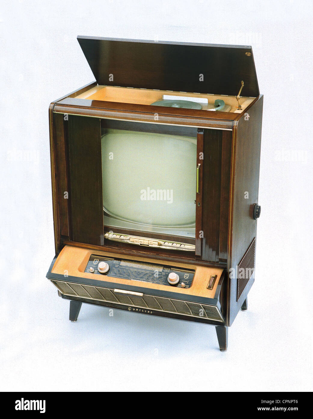 broadcast, television, television cabinet Philips 'Leonardo', television-radio-phono combination, integrated folded radio set, record player under the cover, screen, closeable with blinds, picture tube 53 centimeter diagonal, Germany, 1959, Additional-Rights-Clearences-Not Available Stock Photo