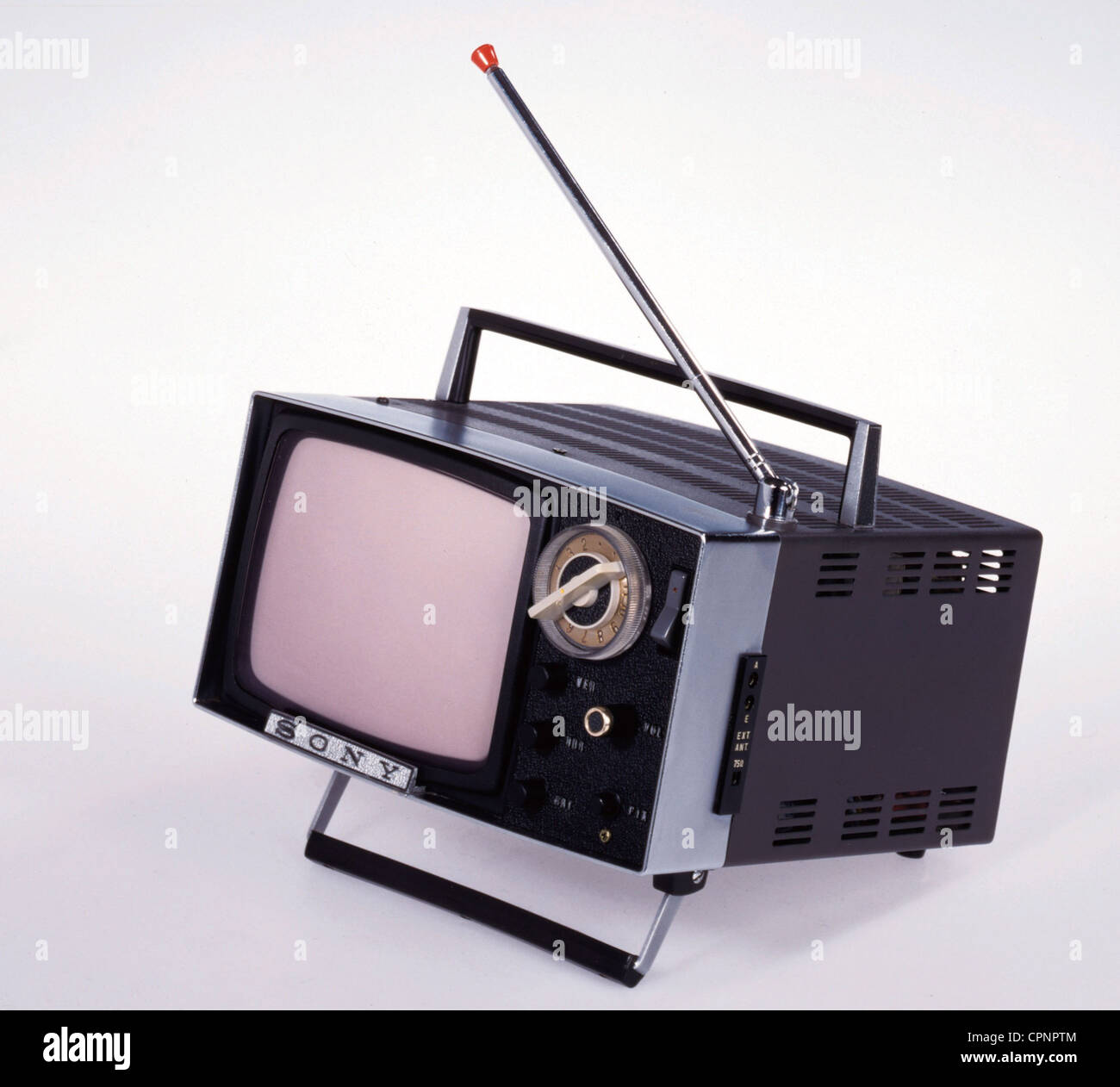 broadcast, television, SONY Micro-TV 5-303 E, early Japanese transistor device, monochrome, screen, 12.5 centimeter diagonal, case: metal, telescopic antenna, Japan, 1963, Additional-Rights-Clearences-Not Available Stock Photo