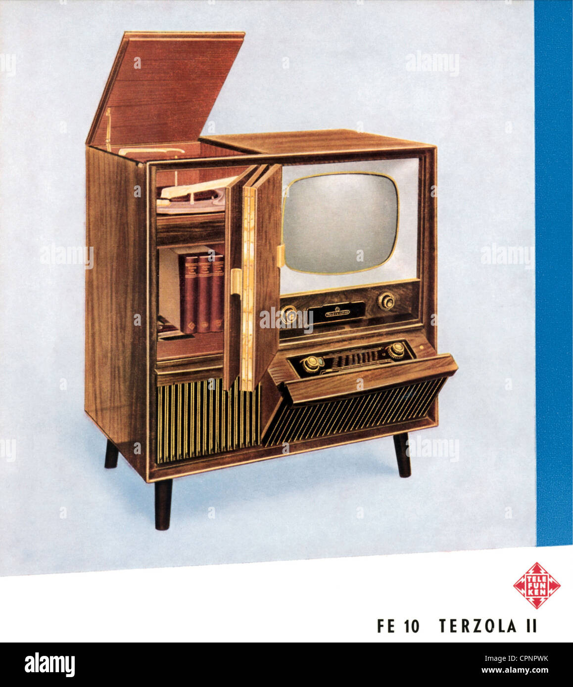 broadcast,television,television cabinet,Telefunken FE 10 Terzola  II,standalone device with television set,radio and record player,original  price 1954: DM 1.700,prospectus of the producer,Germany,1954,43 centimeter  picture tube,monochrome,book case ...