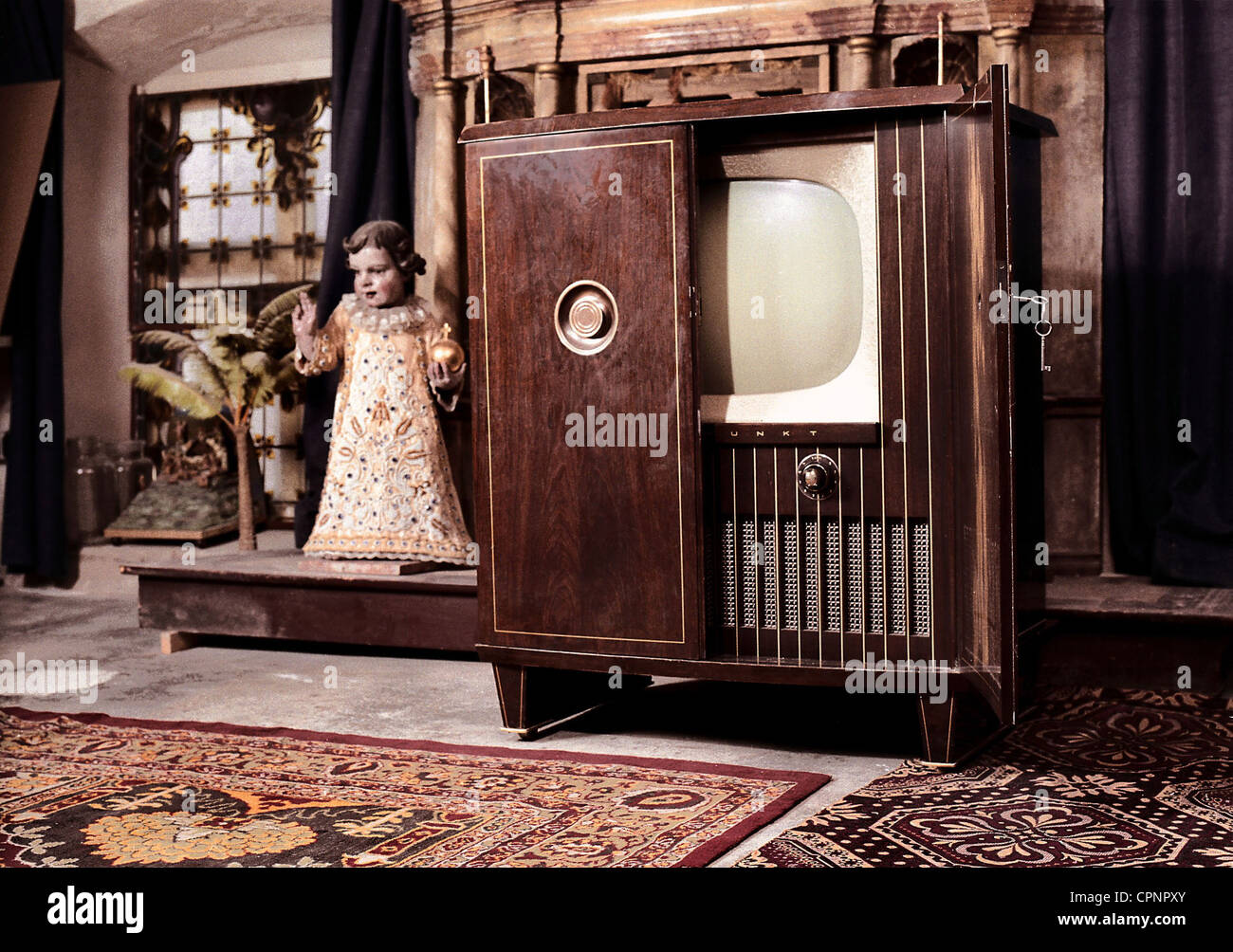 broadcast, television, television cabinet on the garret of a monastery, Blaupunkt Manila from 1954, Additional-Rights-Clearences-Not Available Stock Photo