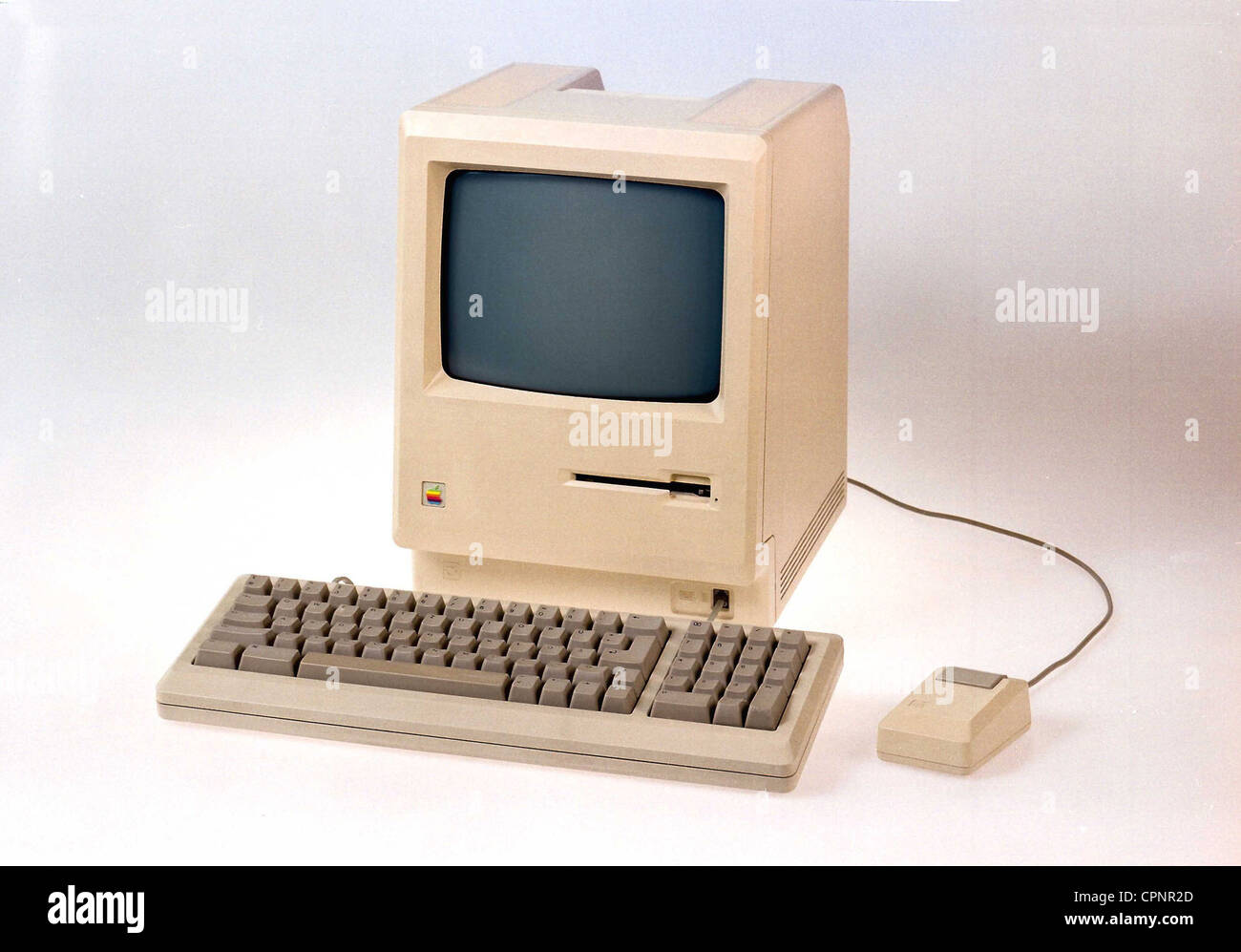 computing / electronics, computer, Apple Macintosh Plus, personal computer, 1 megabyte random access memory, 8 megahertz, with built-in b/w monitor and 3.5 inch floppy disk drive, original price 1986: 2.600 dollar, produced until October 1990, USA, 1986, keyboard, keyboards, mouse, mice, follow-up model of the legendary Mac, design classics, design, history of computer, computer engineering, 80s, EDP, IT, hardware, still, studio shot, object, objects, compact system, compact, follower, followers, 1980s, 20th century, historic, historical, Additional-Rights-Clearences-Not Available Stock Photo