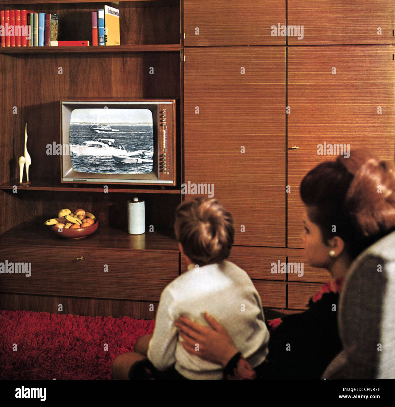broadcast, television, viewers, mother and son, advertising for the Schaub Lorenz tabletop unit 'Weltecho T 2450', monochrome TV set with 65 centimeter picture tube, Germany, 1966, Additional-Rights-Clearences-Not Available Stock Photo