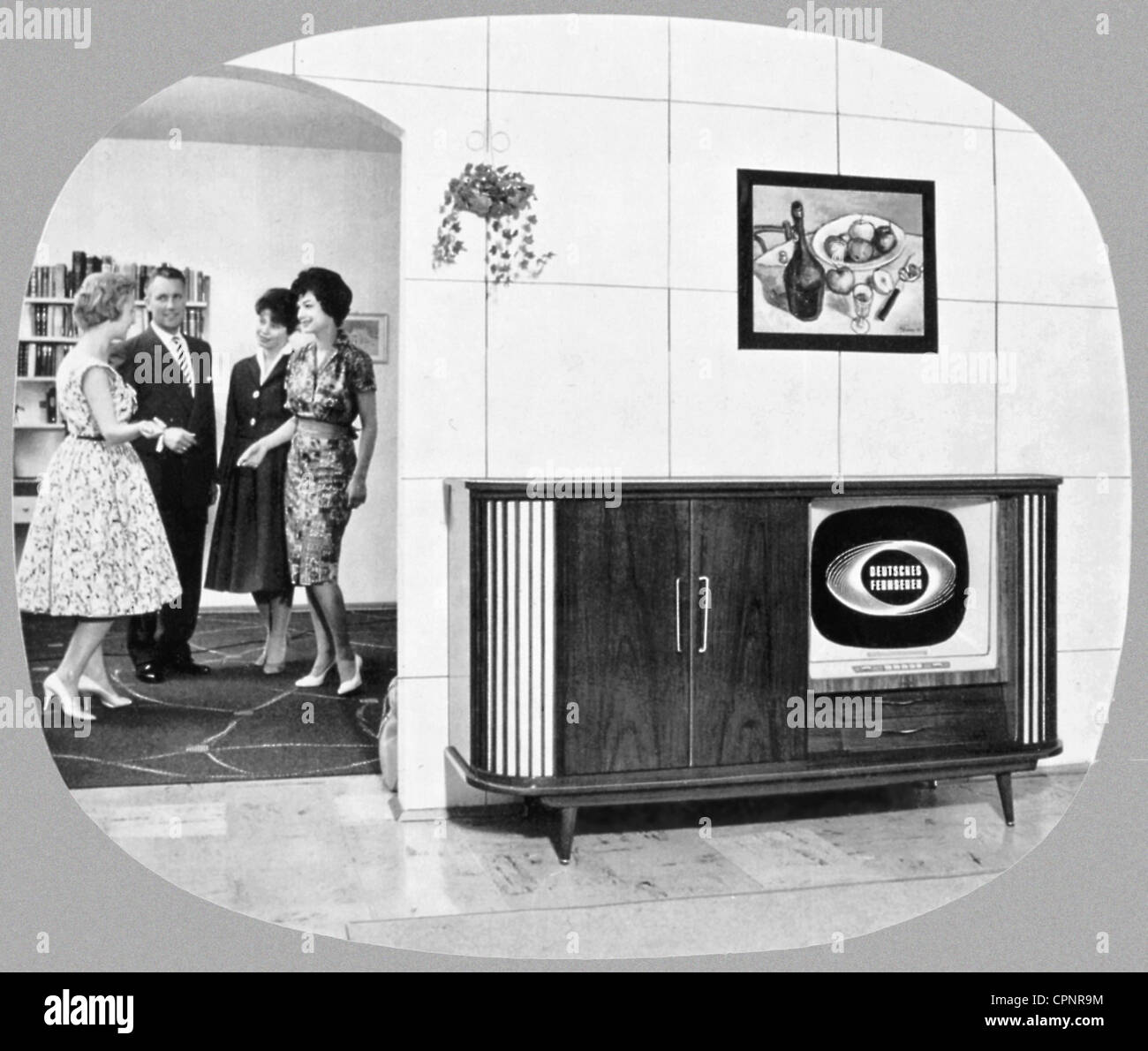 broadcast,television,advertising for Siemens radiogramophone FSTR 23,with integrated television set,expensive cabinet with walnut chassis,original price 1959: DM 2.450,logo: German television,Germany,1959,television console,television cabinet,console,flat,purchase,status symbol,status symbols,50s,TV history,television furniture,piece of furniture,pieces of furniture,interior furnishings,cabinet,chest,cabinets,chests,television set,TV,television sets,TV sets,TVs,TV set,tube television,tube systems,tubes-receiver,consumer electr,Additional-Rights-Clearences-Not Available Stock Photo