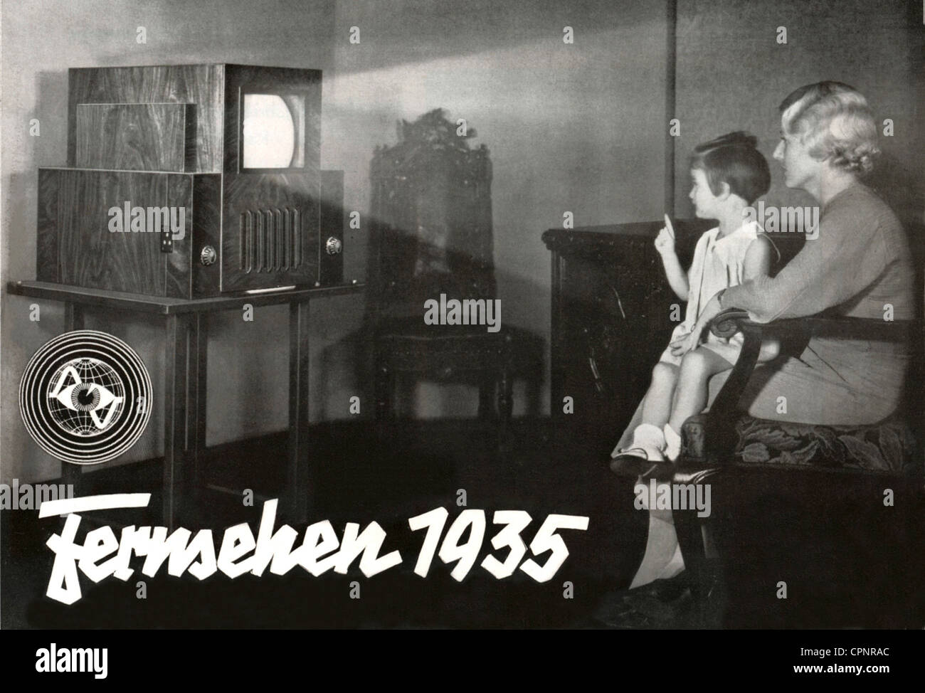 broadcast, television, viewers, mother and daughter watching television, advertising for television set of the producer Radio AG D.S. Loewe, Berlin-Steglitz, illustrated: television receiver type FE B, with cathode-ray tube, screen size circa 20 x 20 cm, 180 lines, one of the first promotional photographs for the medium television, cover picture of a prospectus, Germany, 1935, Additional-Rights-Clearences-Not Available Stock Photo