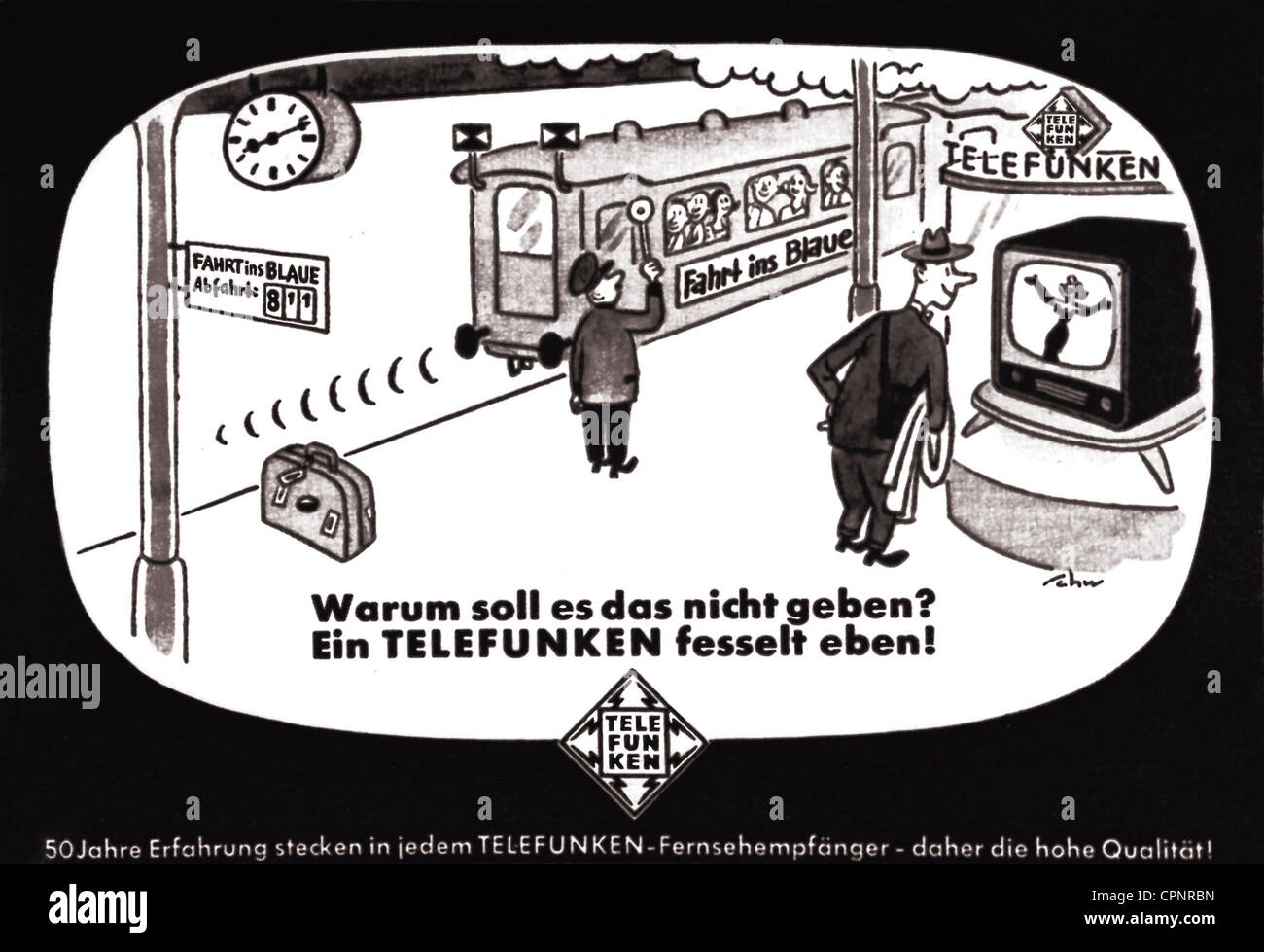 broadcast, television, comical drawing, man in front of a shop window, is watching avert on a new television set, missing his train on platform, Telefunken, Germany, 1955, Additional-Rights-Clearences-Not Available Stock Photo