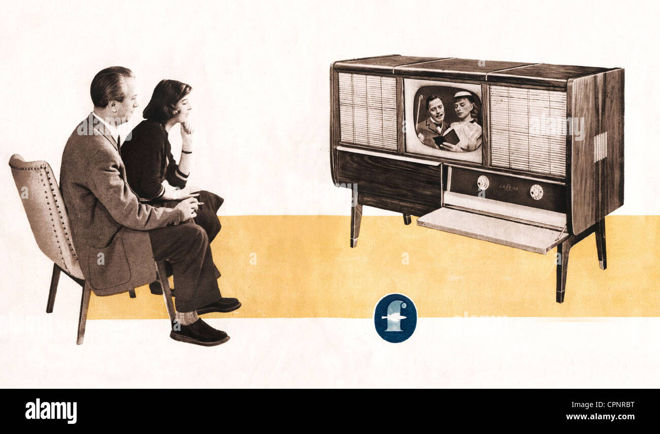 broadcast, television, viewers, married couple with television set, advertising for television music set Cabinet FET 861 B, biggest in East-Germany made television console, with integrated radio, record player, audio tape, made by: VEB Sachsenwerk Radeberg, designer: Prof. Hoegner, East-Germany, 1958, Additional-Rights-Clearences-Not Available Stock Photo