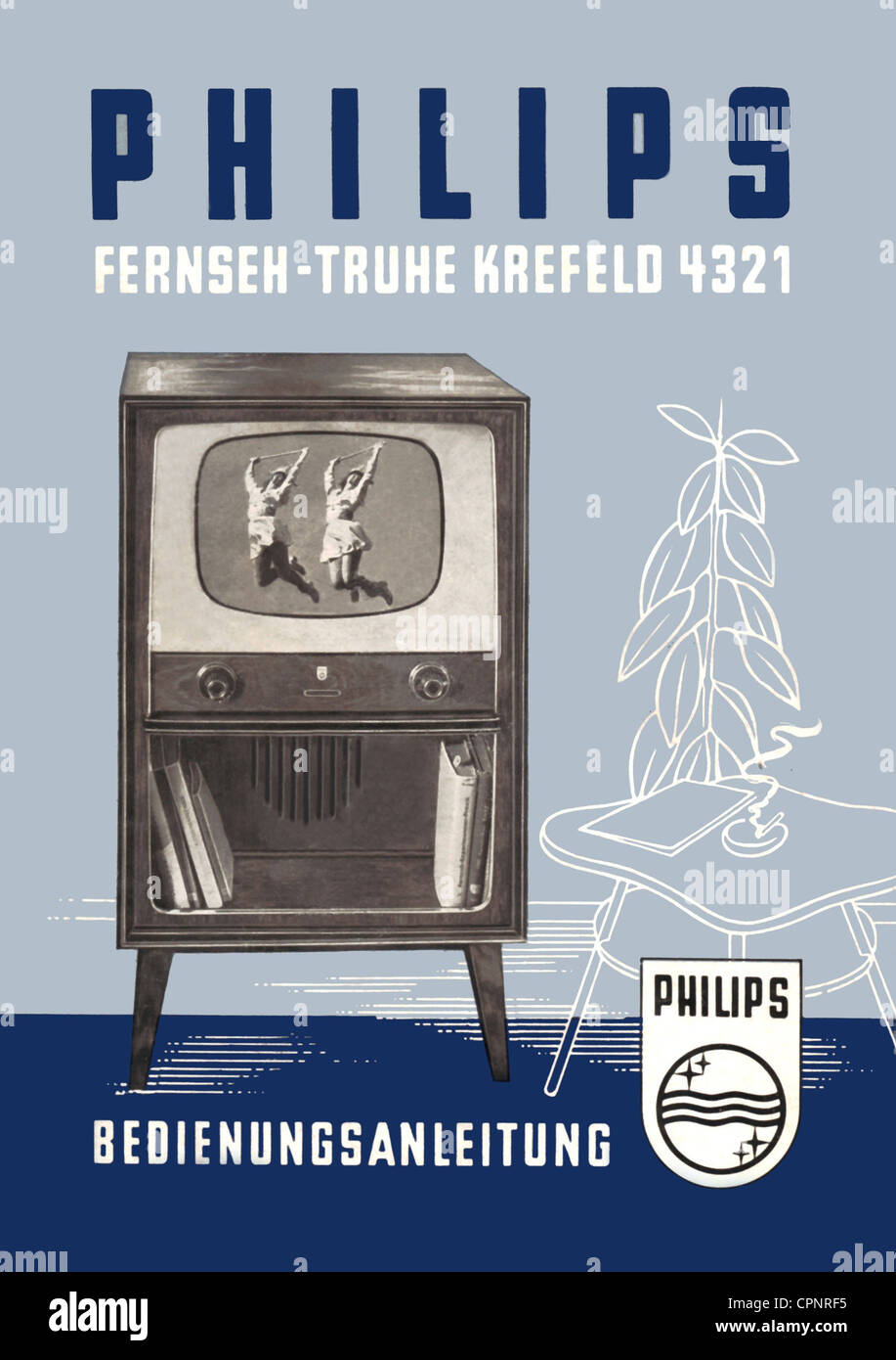 broadcast,television,instruction manual,television set Philips Krefeld  4321,standalone device with 43 centimeter screen size,chassis with  integrated book shelf,with behind playing loudspeaker,exotic woods,original  price 1954: DM 1.058,Germany,1954,high ...