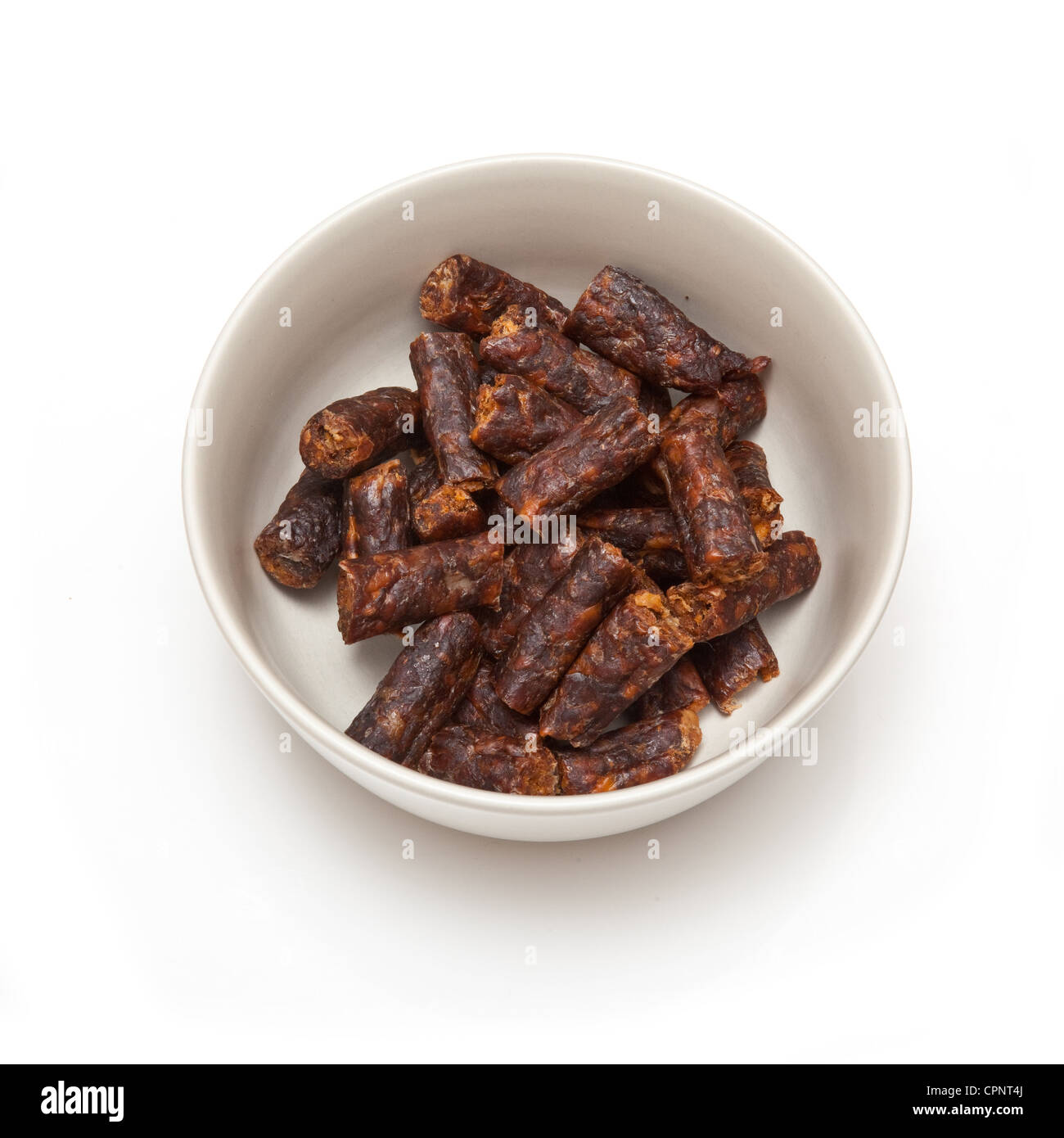 Bowl of South African spicy Peri peri drywors (dried sausage jerky