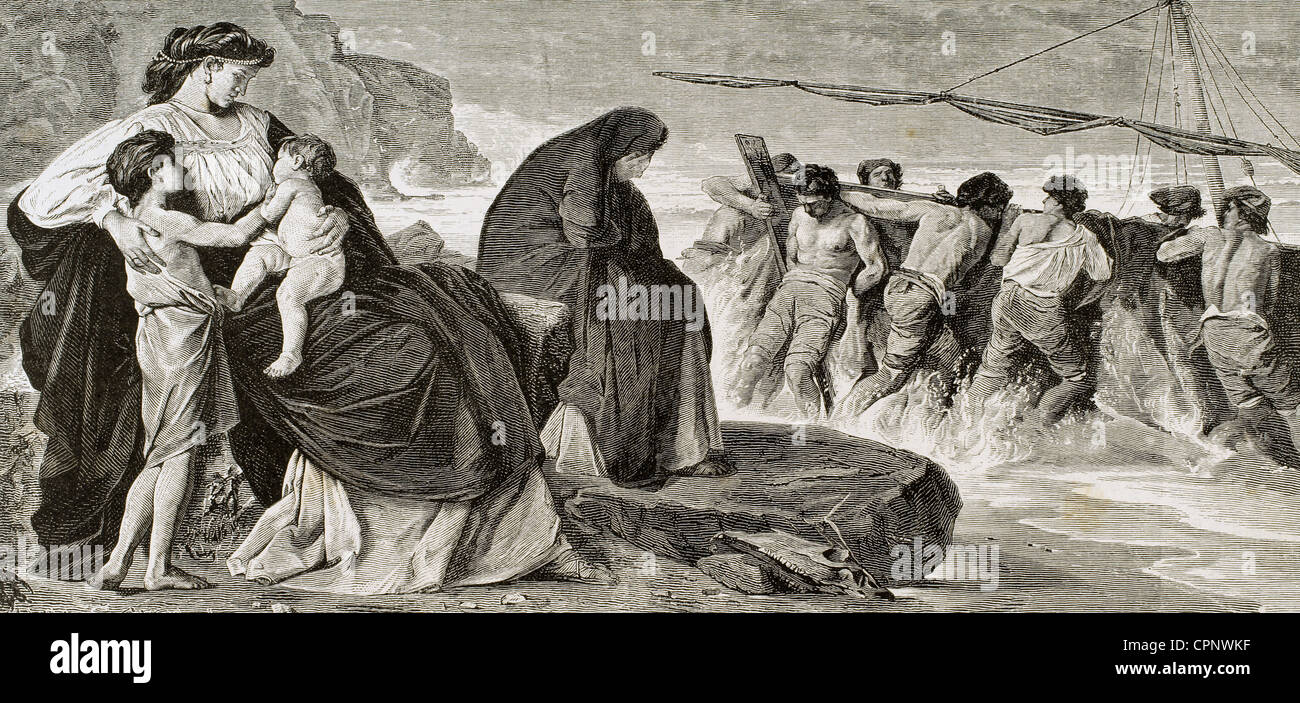 Medea prepares the flee. The Illustrated Univers. Engraving. 1882. Stock Photo