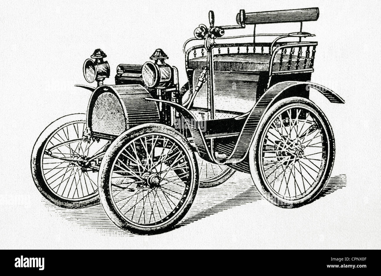 Car. Late 19th century. Engraving. Stock Photo