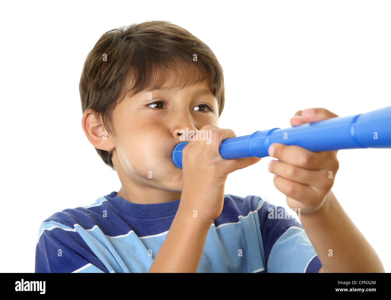 Little boy with blue horn Stock Photo Alamy