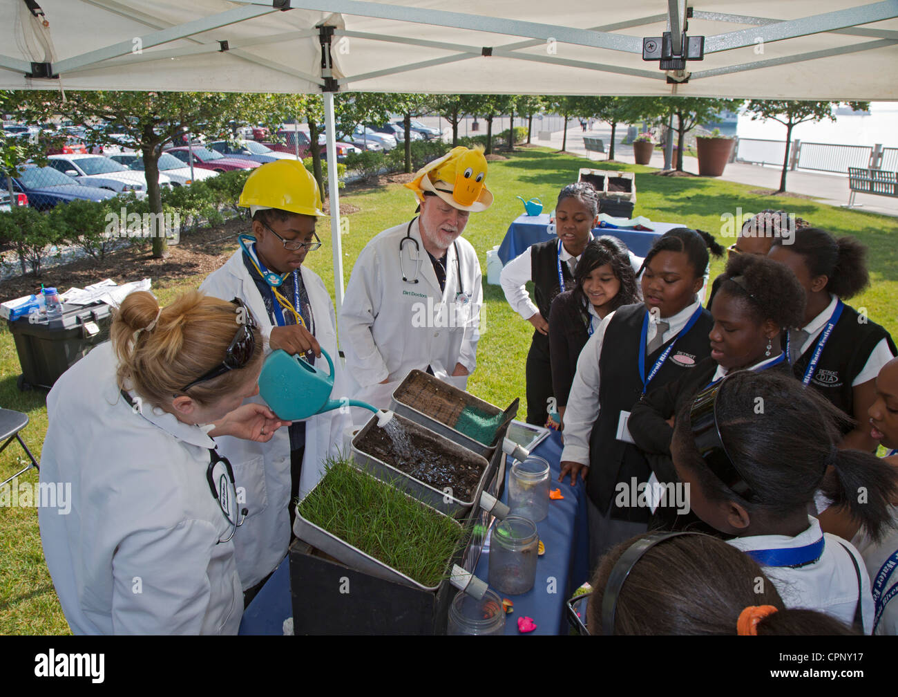 Sixth-grade students learn about water quality at the Detroit River Water Festival Stock Photo