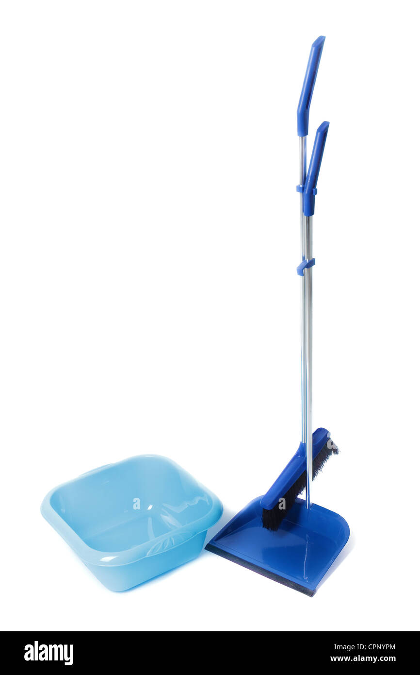 Kit for cleaning. Basin, shovel and broom Stock Photo