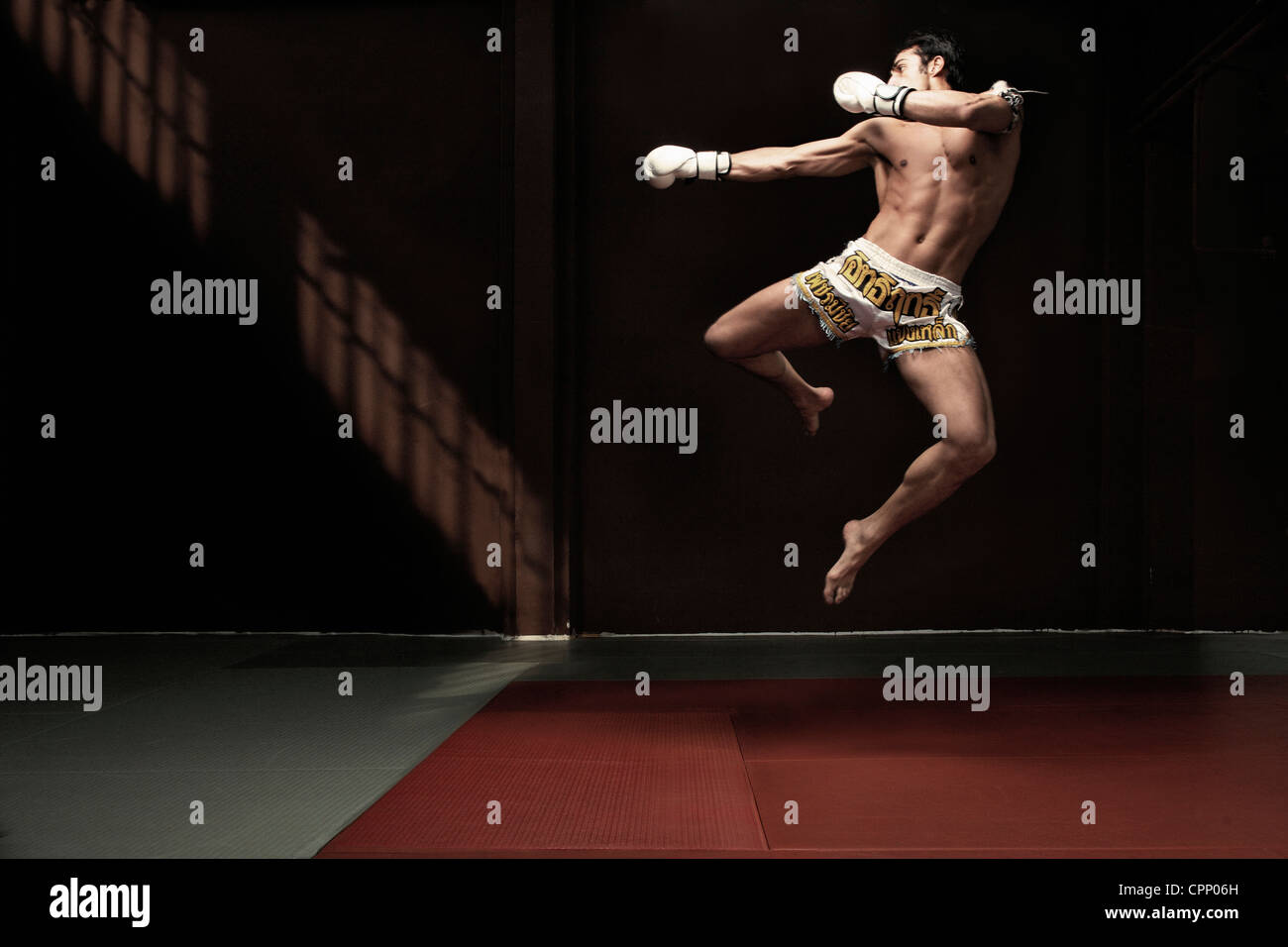 Boxer jumping on mat Stock Photo