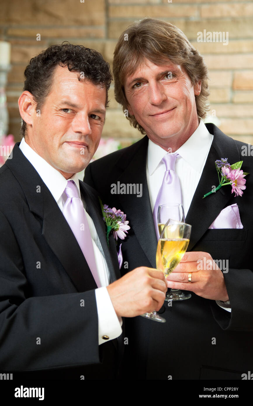 Handsome gay couple give champagne toast at their wedding reception.  Stock Photo