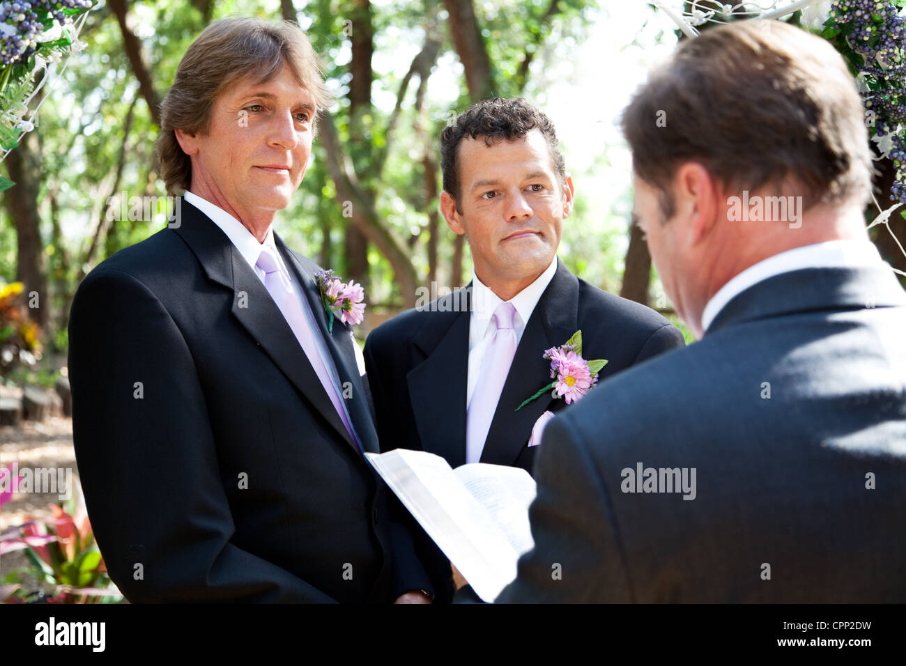 Handsome gay male couple getting married by a minister in beautiful outdoor setting.  Stock Photo