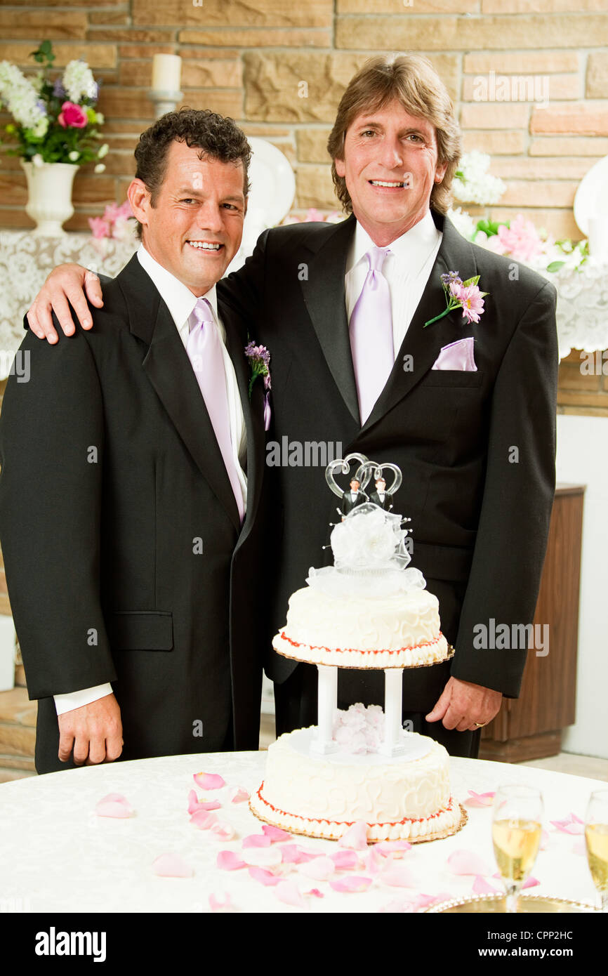 Handsome gay couple at their wedding reception, getting ready to cut the cake.  Stock Photo