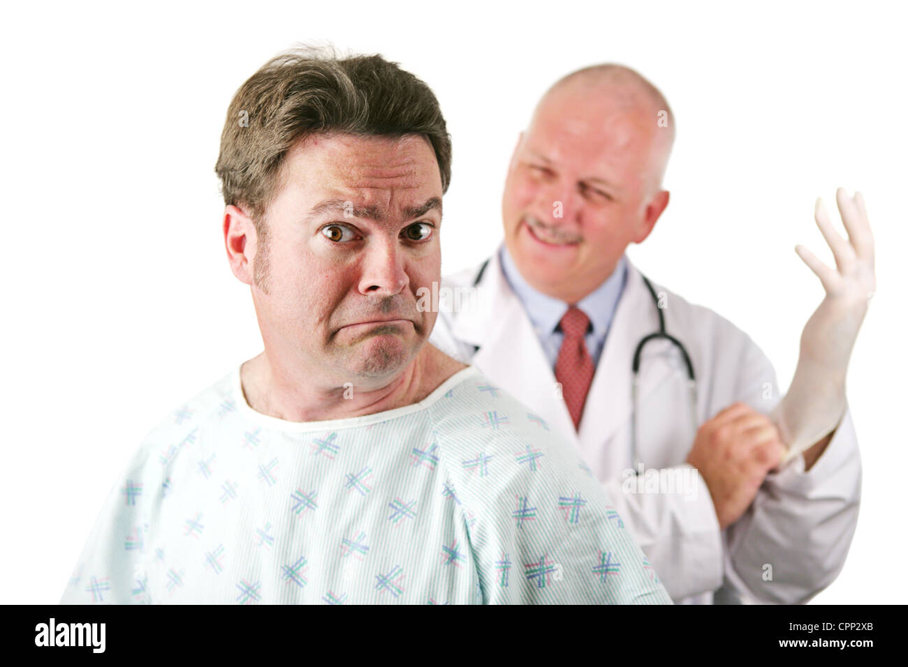 Nervous patient about to be examined by a doctor. Isolated on white. Stock Photo