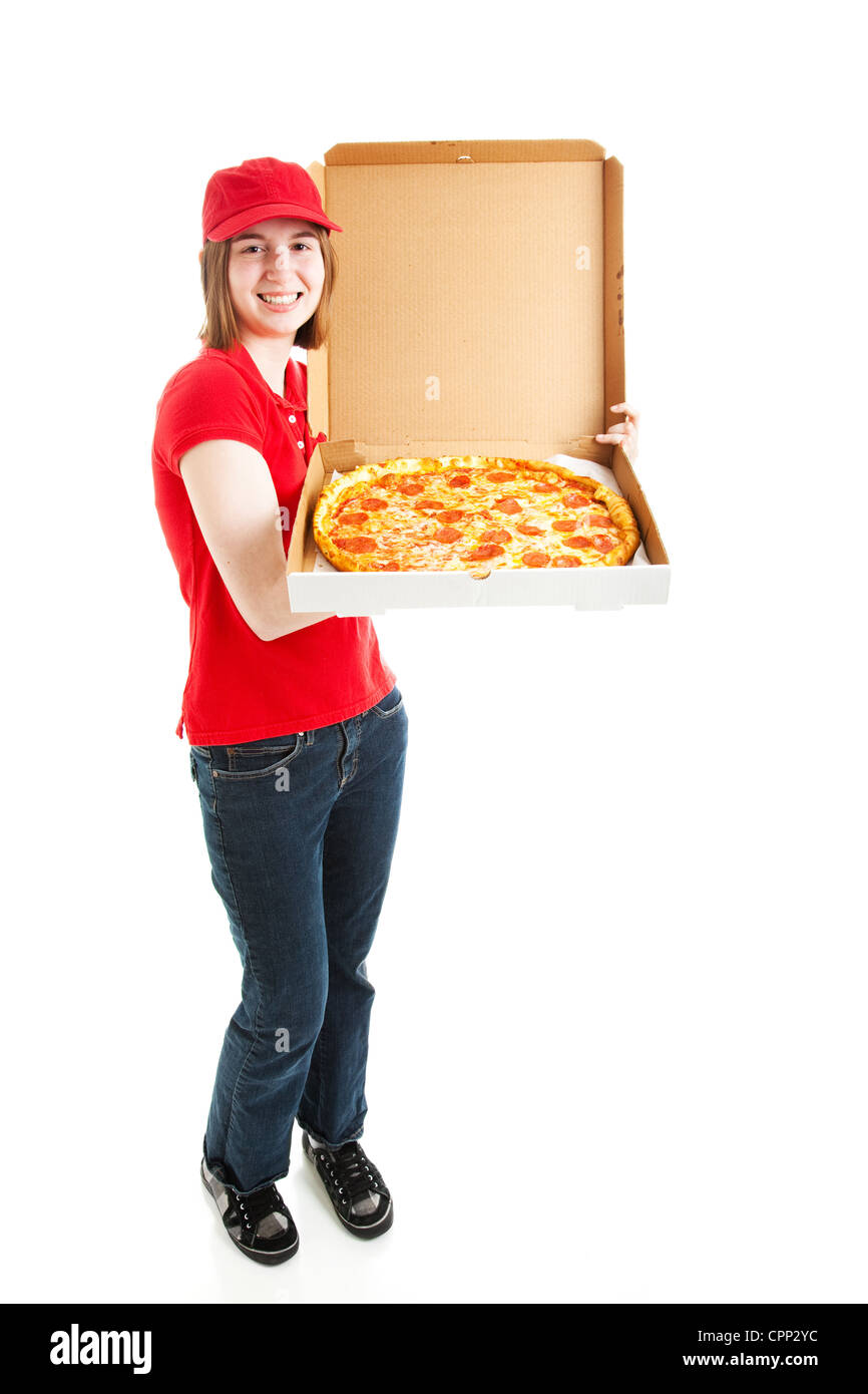 Teenage girl or young adult has a job delivering pizza. Full body