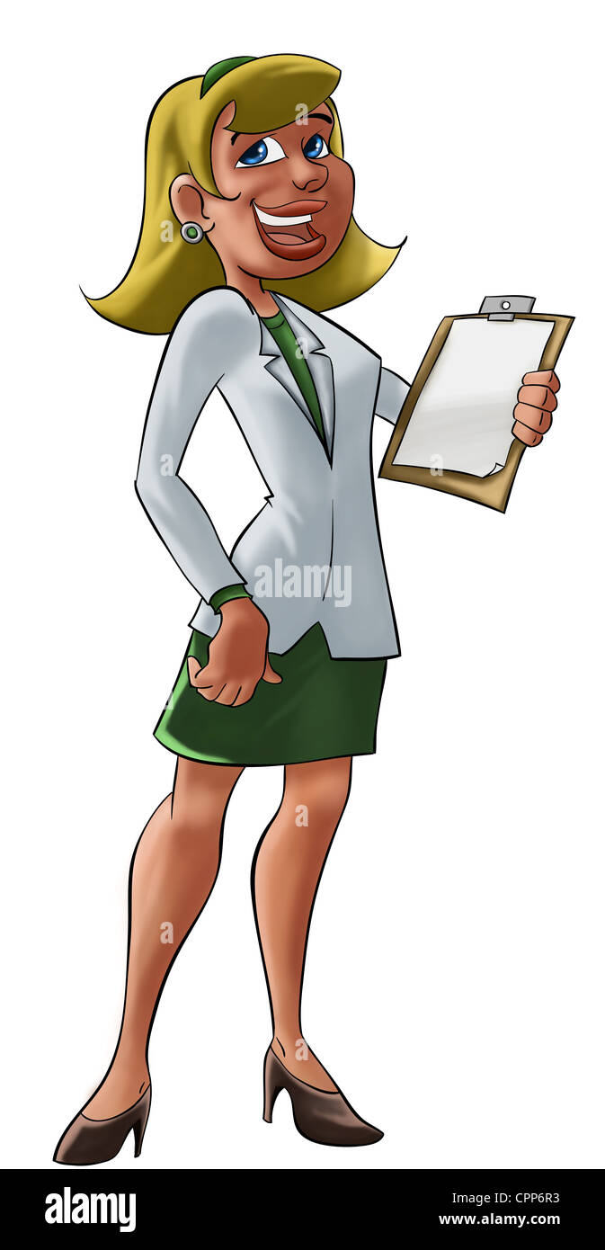 Cartoon or illustration of a young medical doctor or health professional with a cheerful smile. carrying a clipboard. Stock Photo