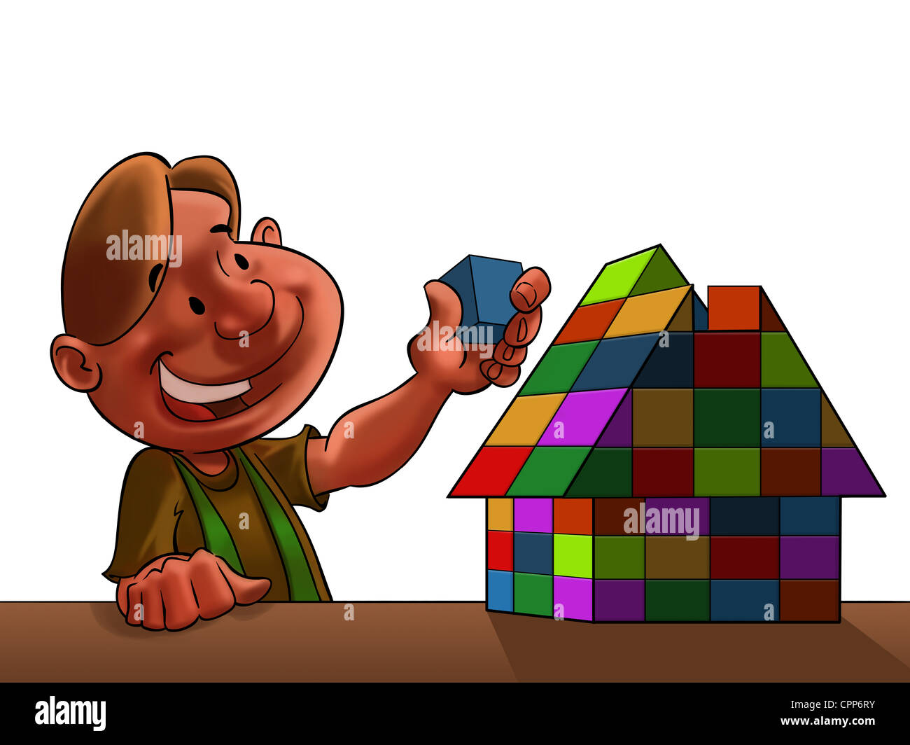 An illustration of a little boy building a toy house with blocks Stock