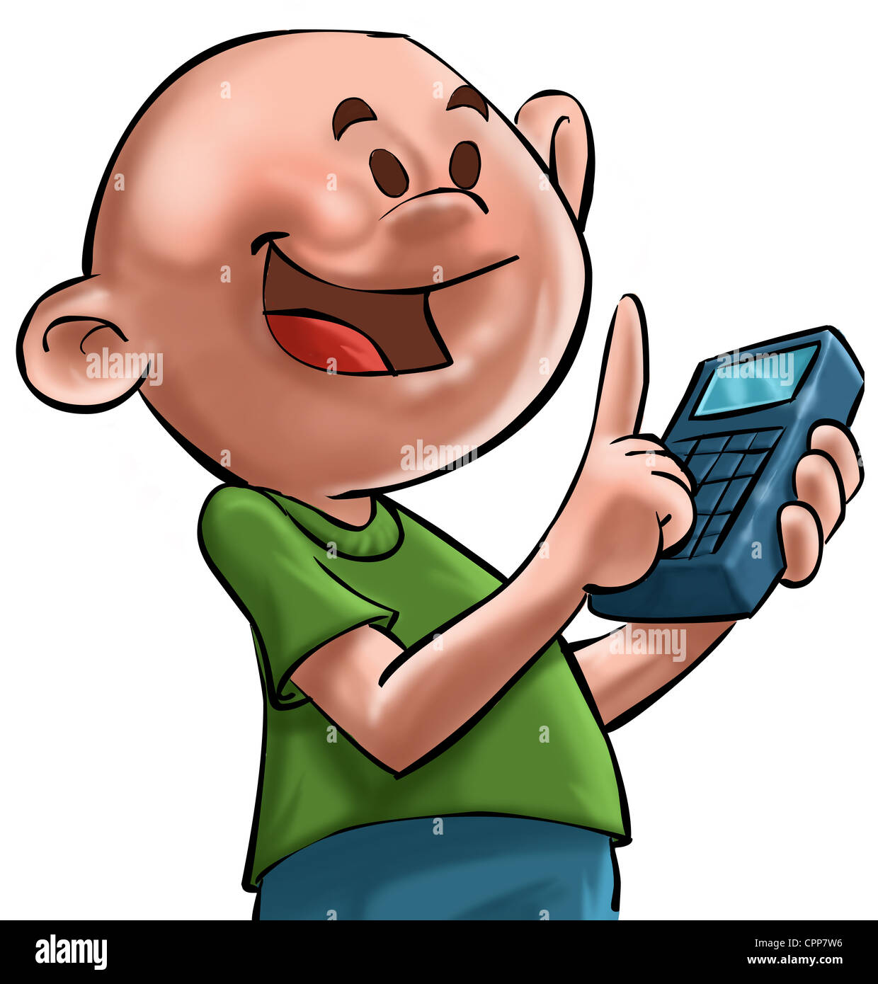 a young and bald boy witha a calculator in his hand Stock Photo