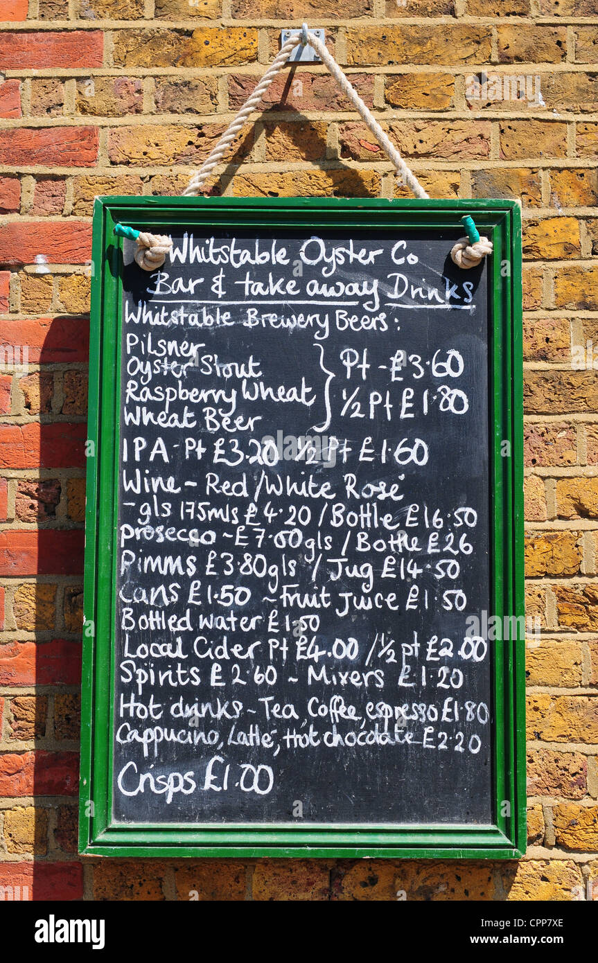 Drinks prices at the Whitstable Oyster Company restaurant / bar, Whitstable, Kent, England Stock Photo