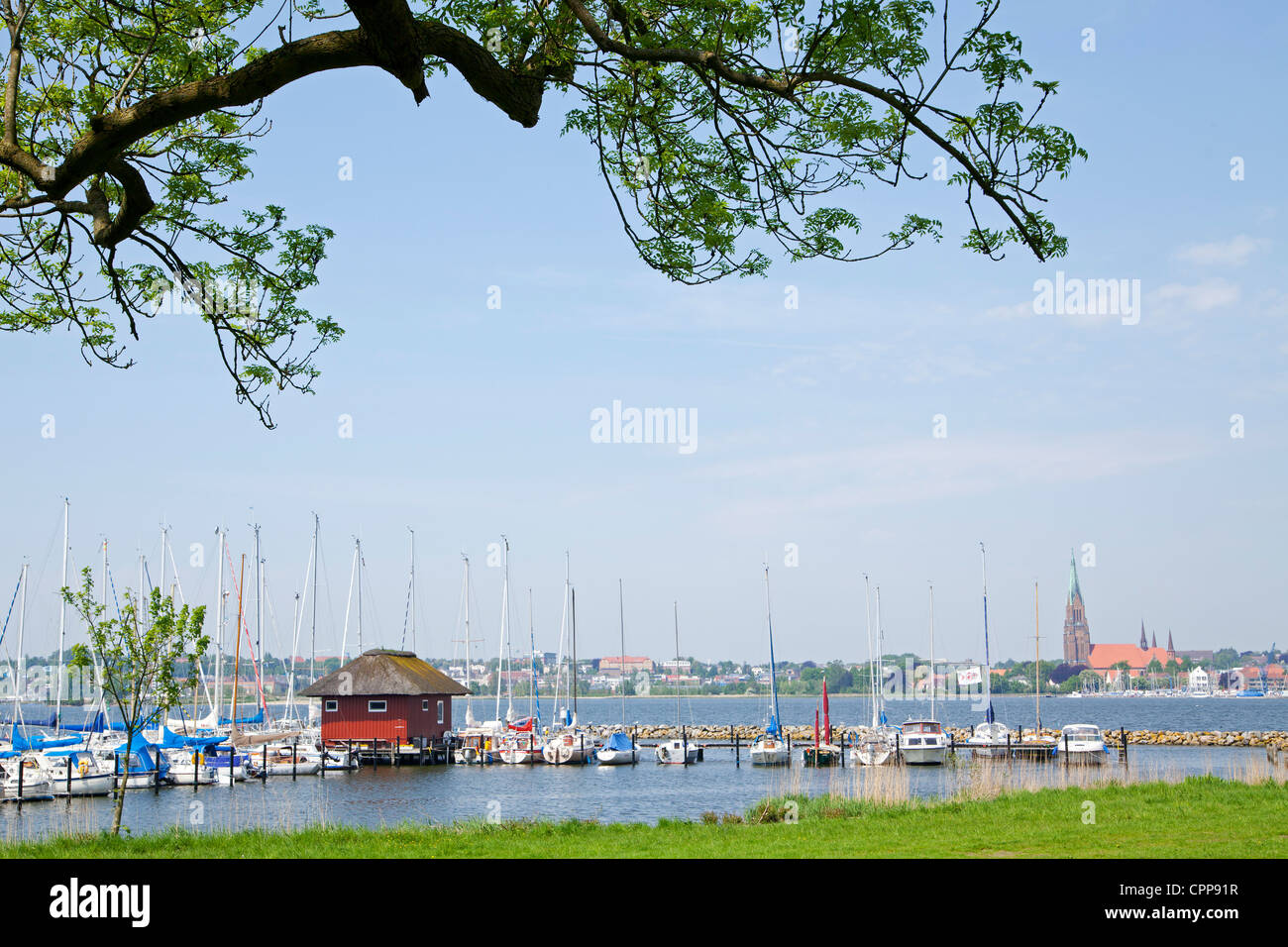 view of Schleswig from Haithabu Marina, Baltic Sea Fjord Schlei, Schleswig-Holstein, Germany Stock Photo