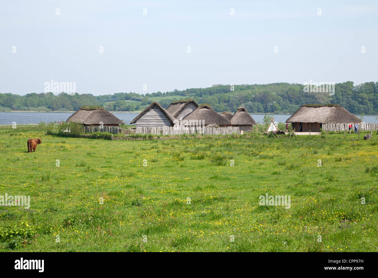 viking houses, Haithabu near Schleswig, Baltic Sea Fjord Schlei, Schleswig-Holstein, Germany Stock Photo