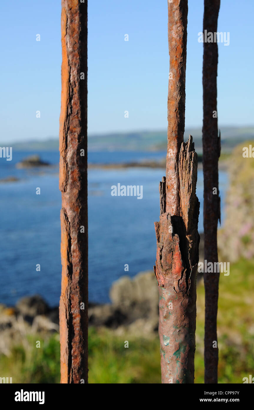 Iron fence bars corroding fast because of the increased salt level in the air from the sea Stock Photo