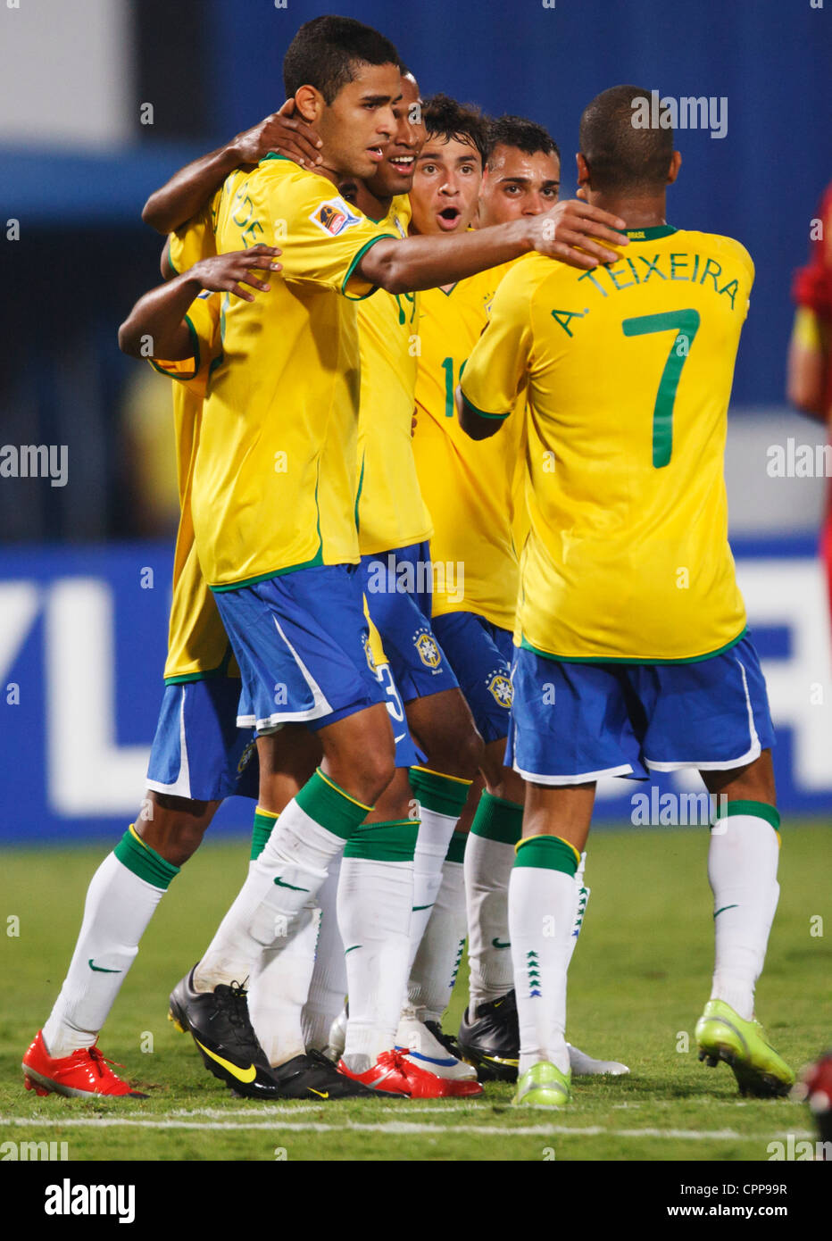 Brazil team players celebrate a goal against Germany in a FIFA U-20 World Cup quarterfinal match at Cairo International Stadium. Stock Photo
